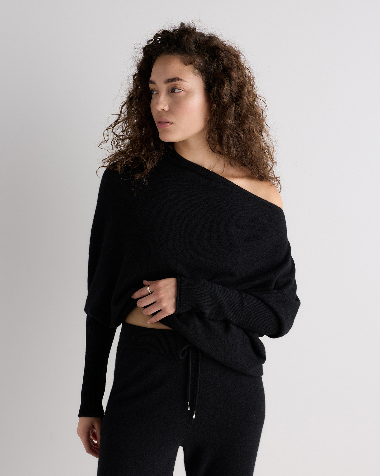 Black 100% Mongolian Cashmere Asymmetric Draped Sweater