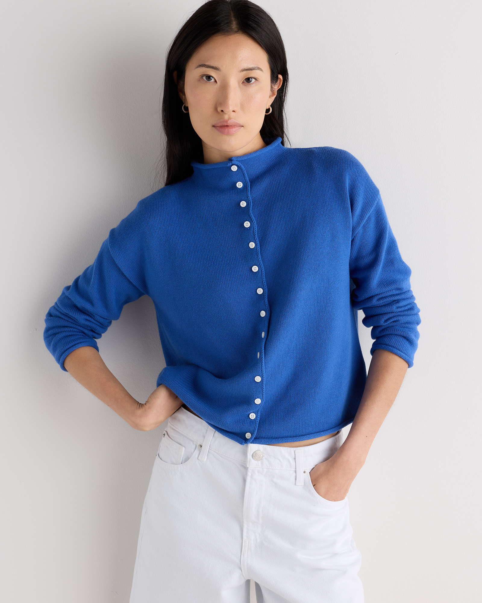 Sapphire Blue Cotton Cashmere Roll Neck Cardigan