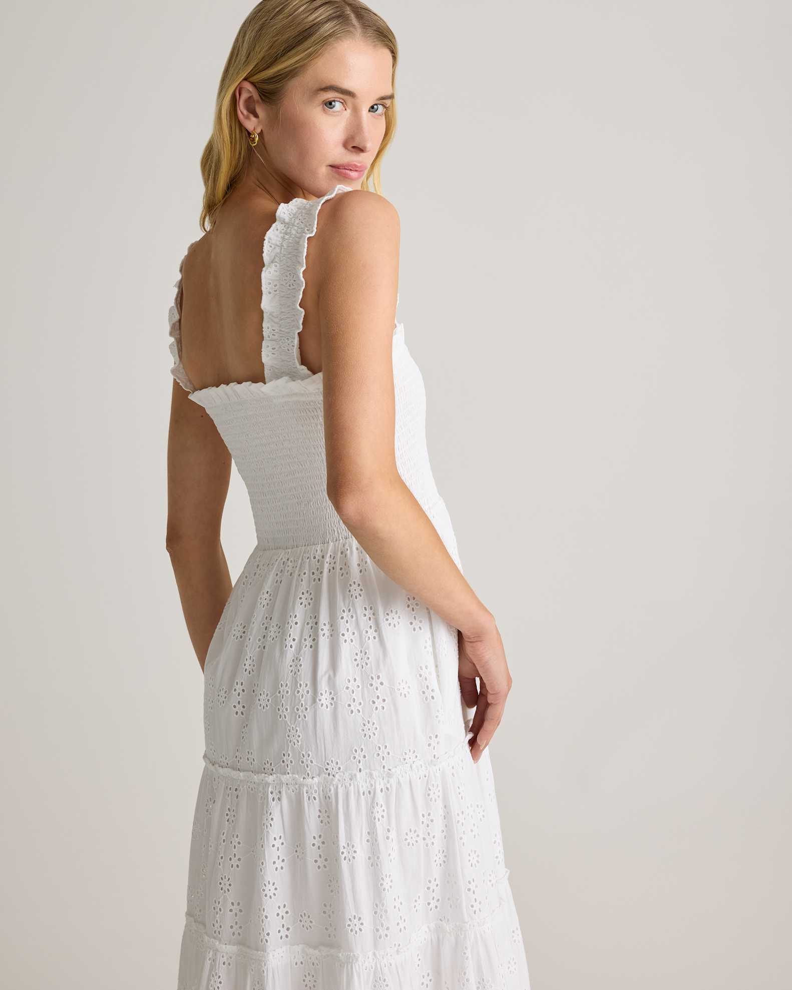 100% Organic Cotton Eyelet Smocked Midi Dress in White 100% Organic Cotton Eyelet Smocked Midi Dress in White
