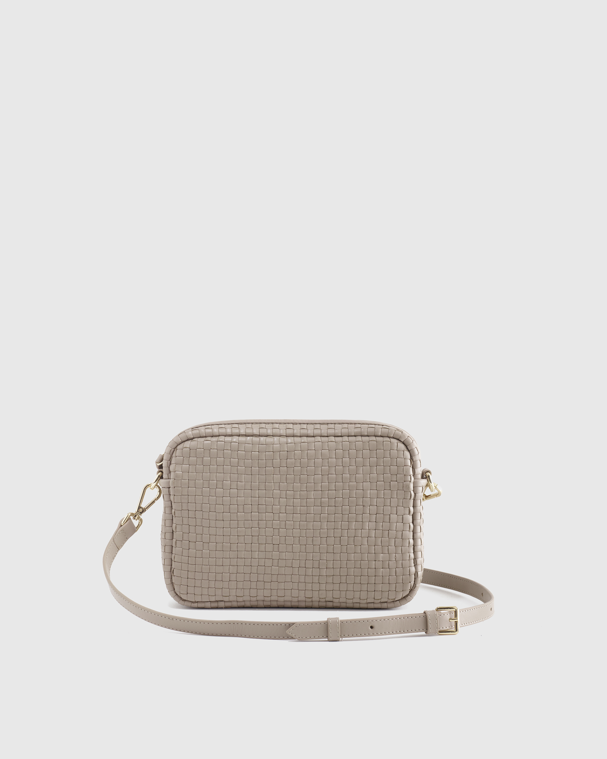 Italian Leather Woven Camera Crossbody in Taupe
