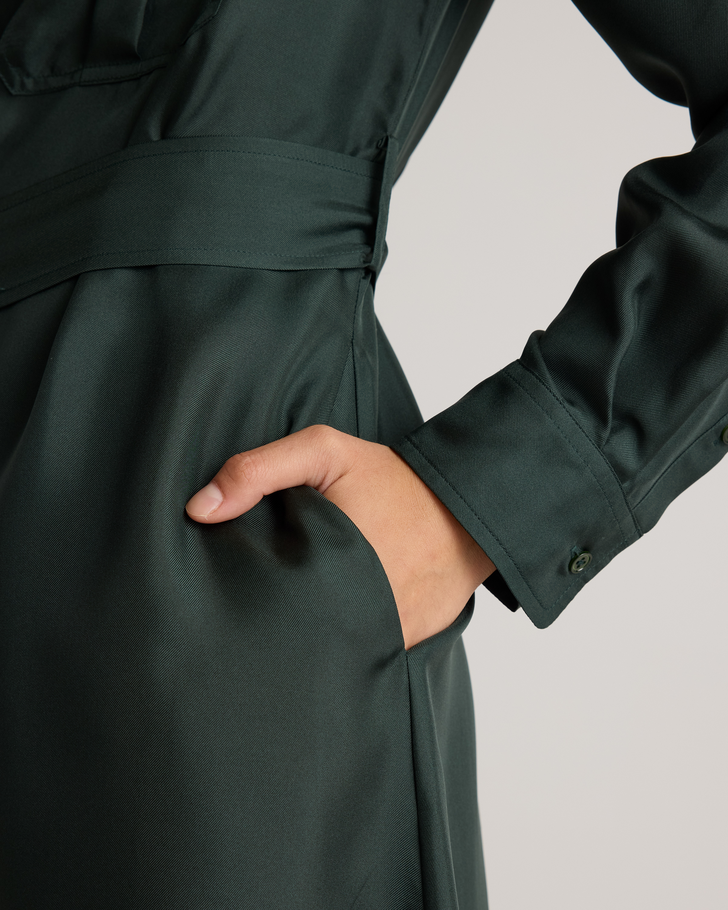 100% Silk Twill Utility Shirt Dress in Forest Green
