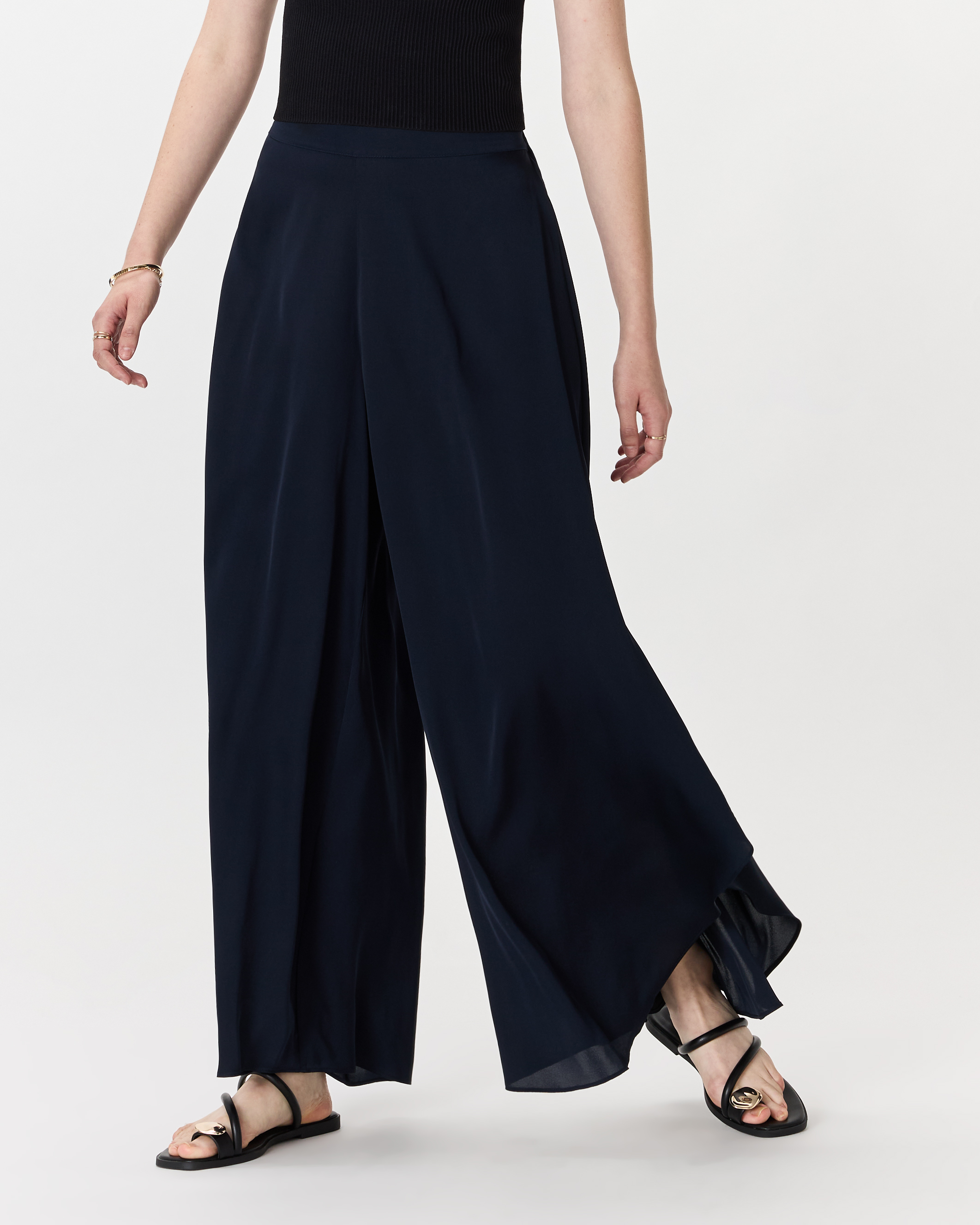 Navy Washable Stretch Silk Palazzo Pants