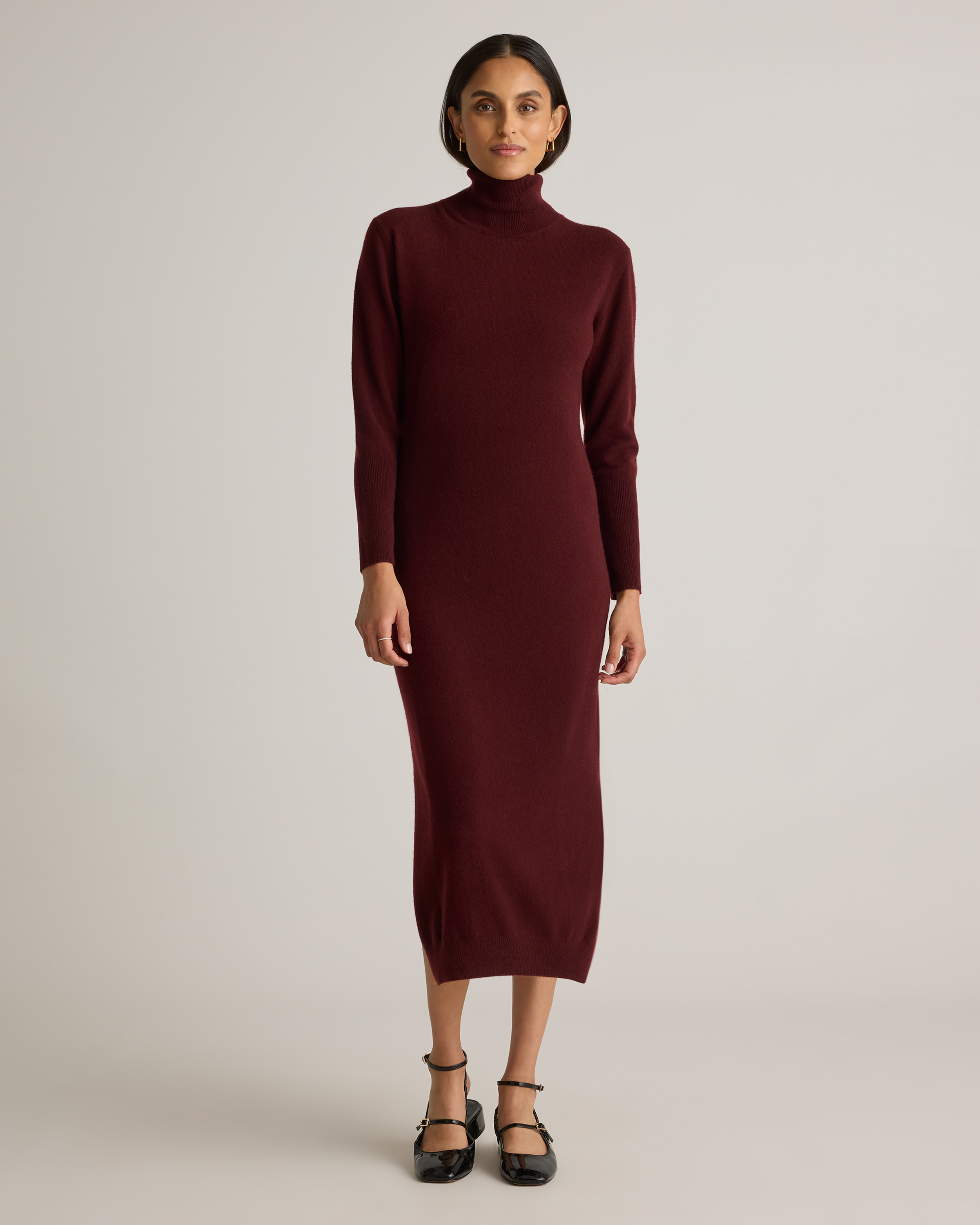 Rich Burgundy Mongolian Cashmere Turtleneck Midi Sweater Dress