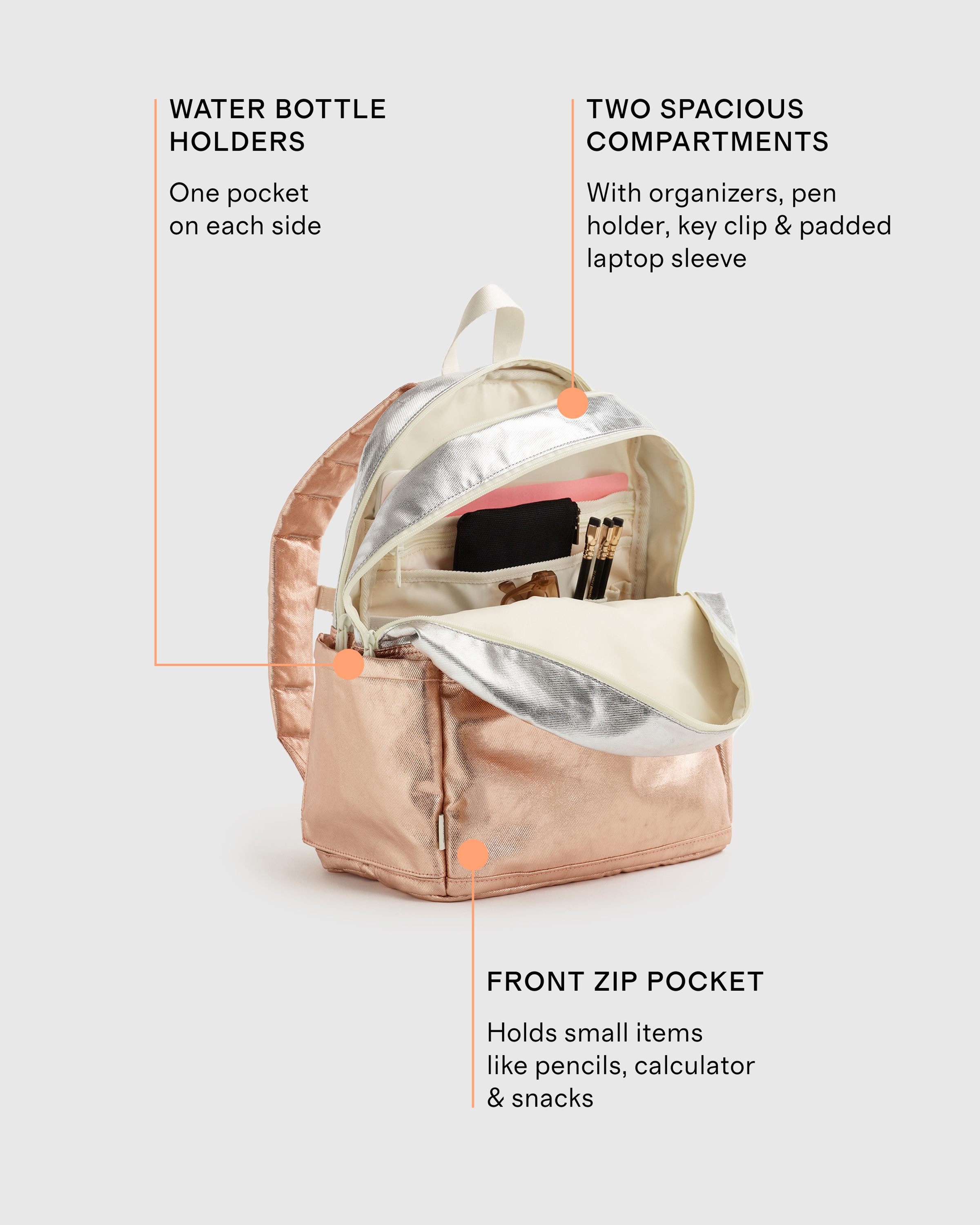 Recycled Double Pocket Backpack Medium in Rose Gold/Silver