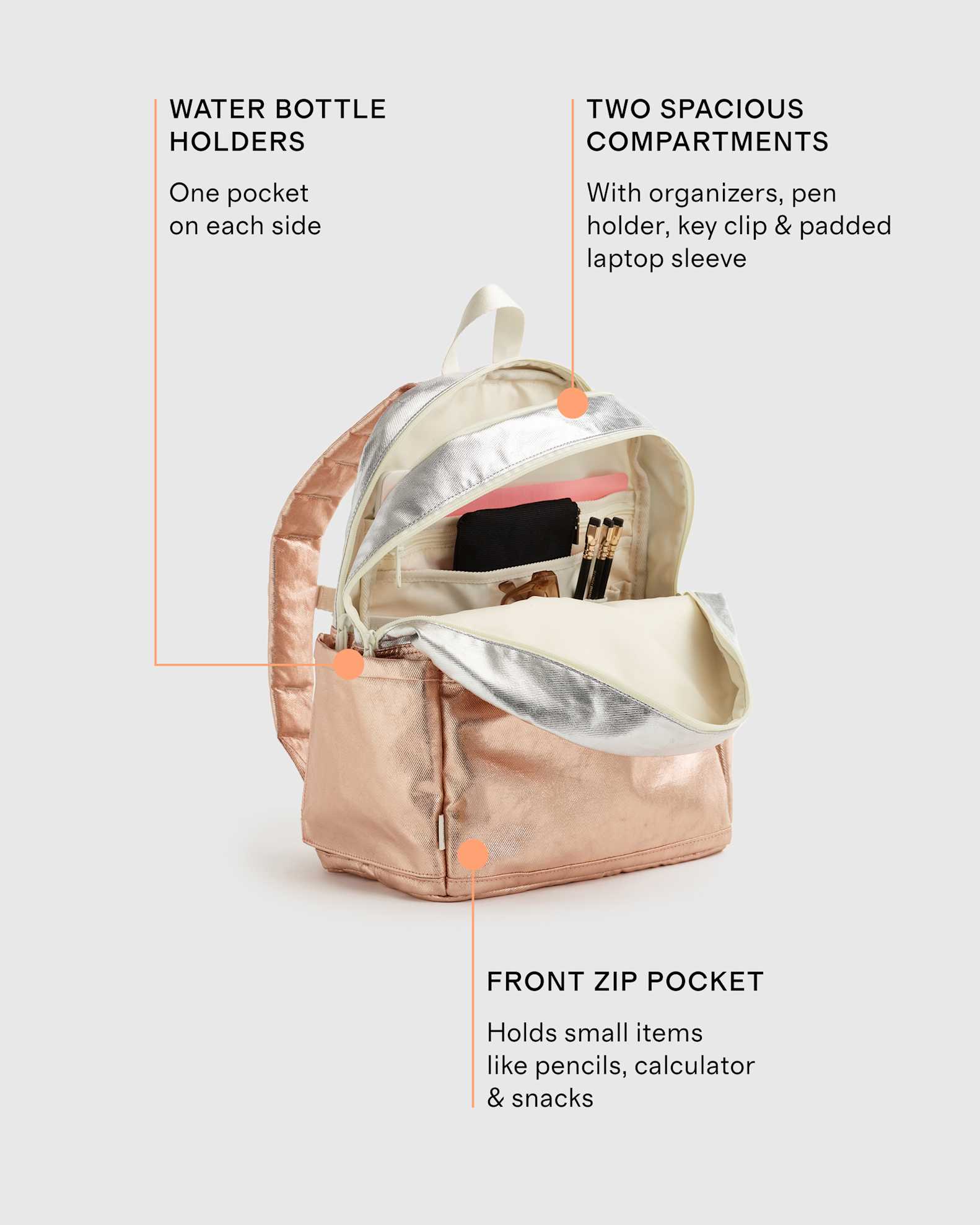 Recycled Double Pocket Backpack Medium in Rose Gold/Silver