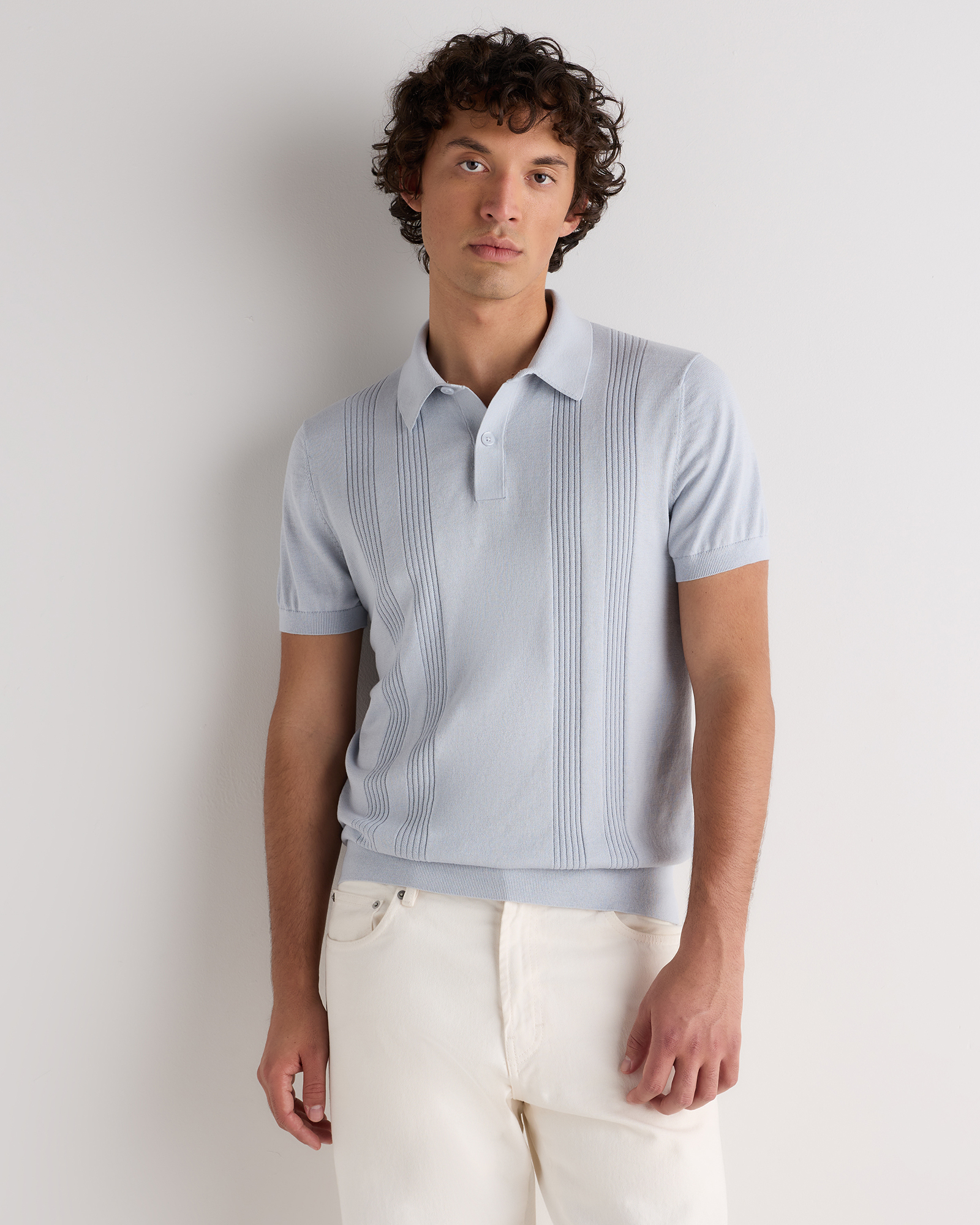 Silver Dawn Blue Cotton-Silk Ribbed Short Sleeve Sweater Polo