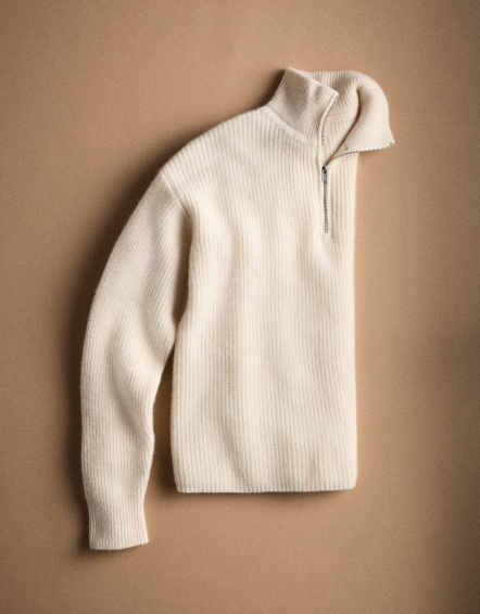 Ivory Mongolian Cashmere Fisherman Quarter Zip Sweater