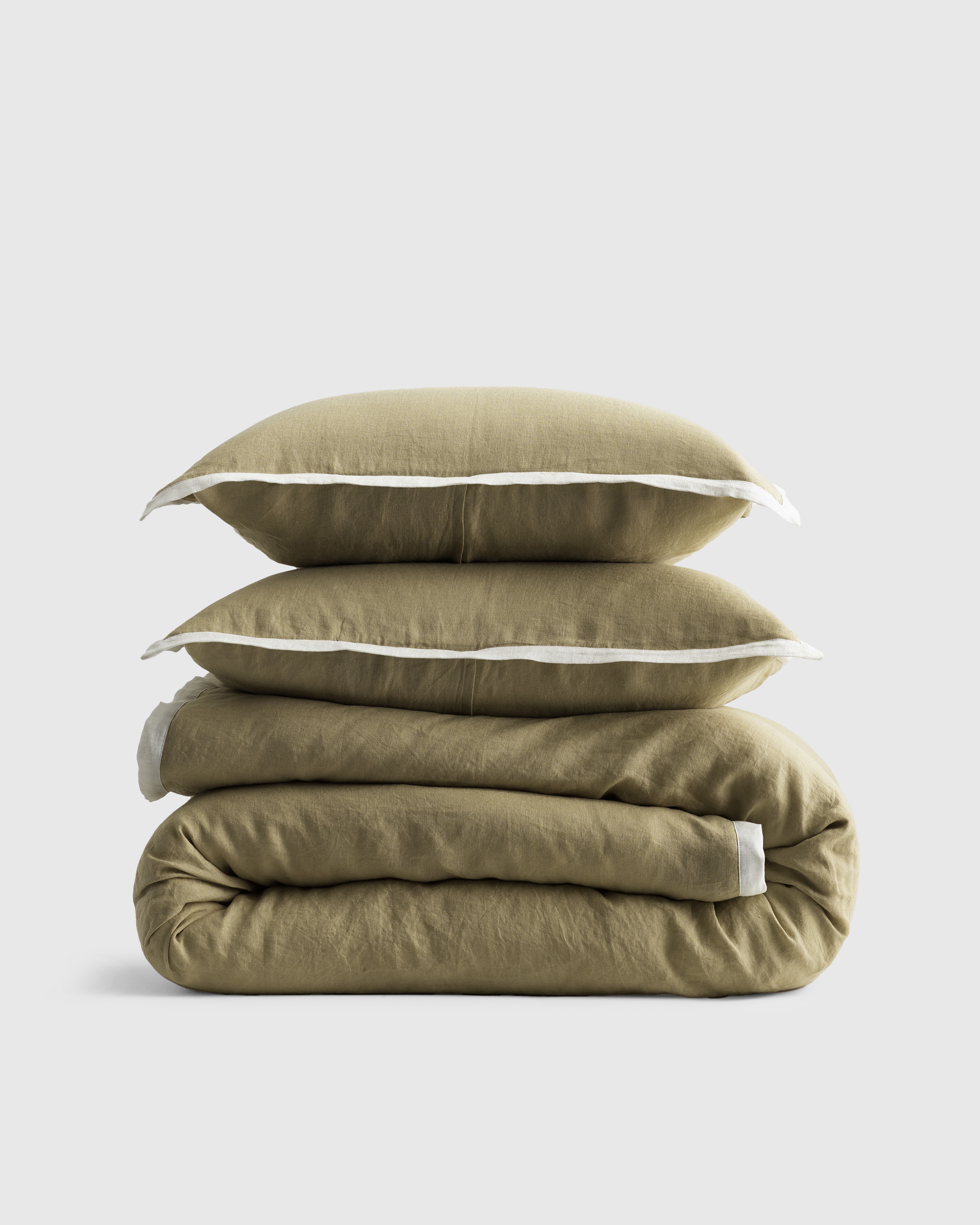 Aloe/Sand European Linen Contrast Flange Duvet Cover Set
