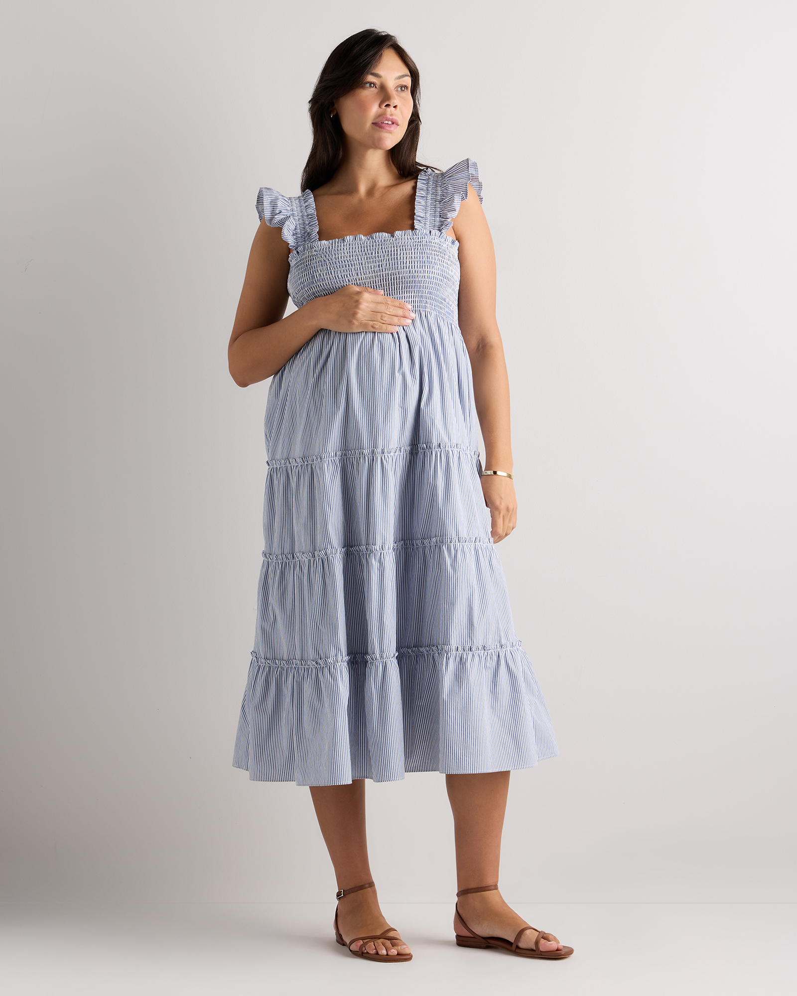 Light Blue Stripe 100% Organic Cotton Poplin Maternity Smocked Midi Dress