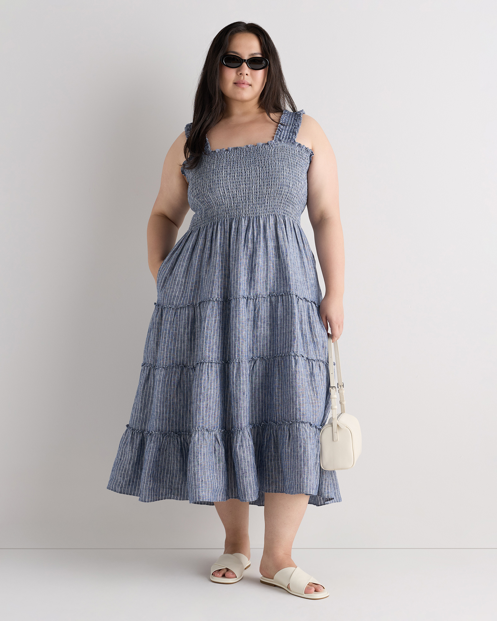 Chambray Stripe 100% European Linen Smocked Midi Dress