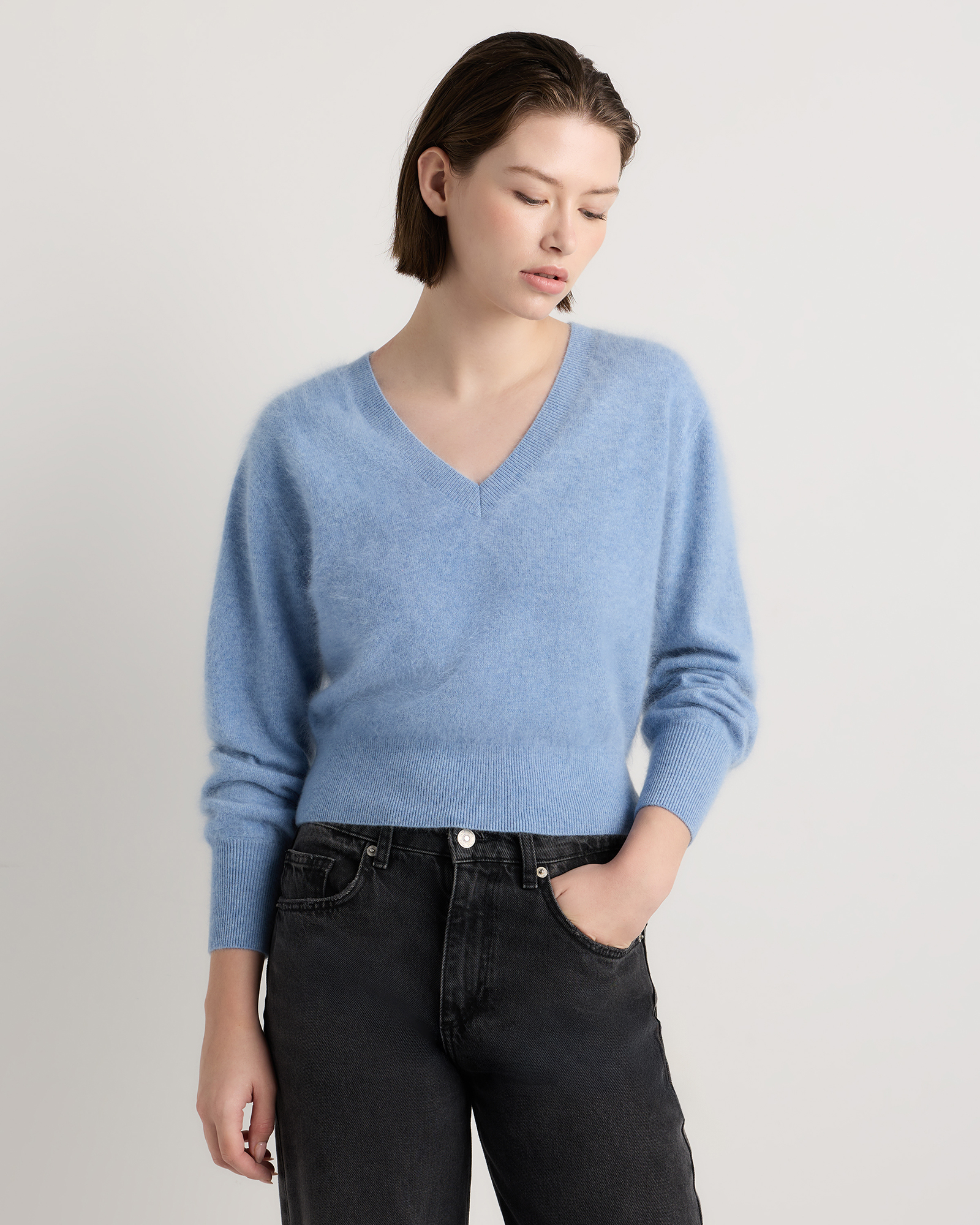 Faded Denim Brushed Cashmere Shrunken V-Neck Sweater