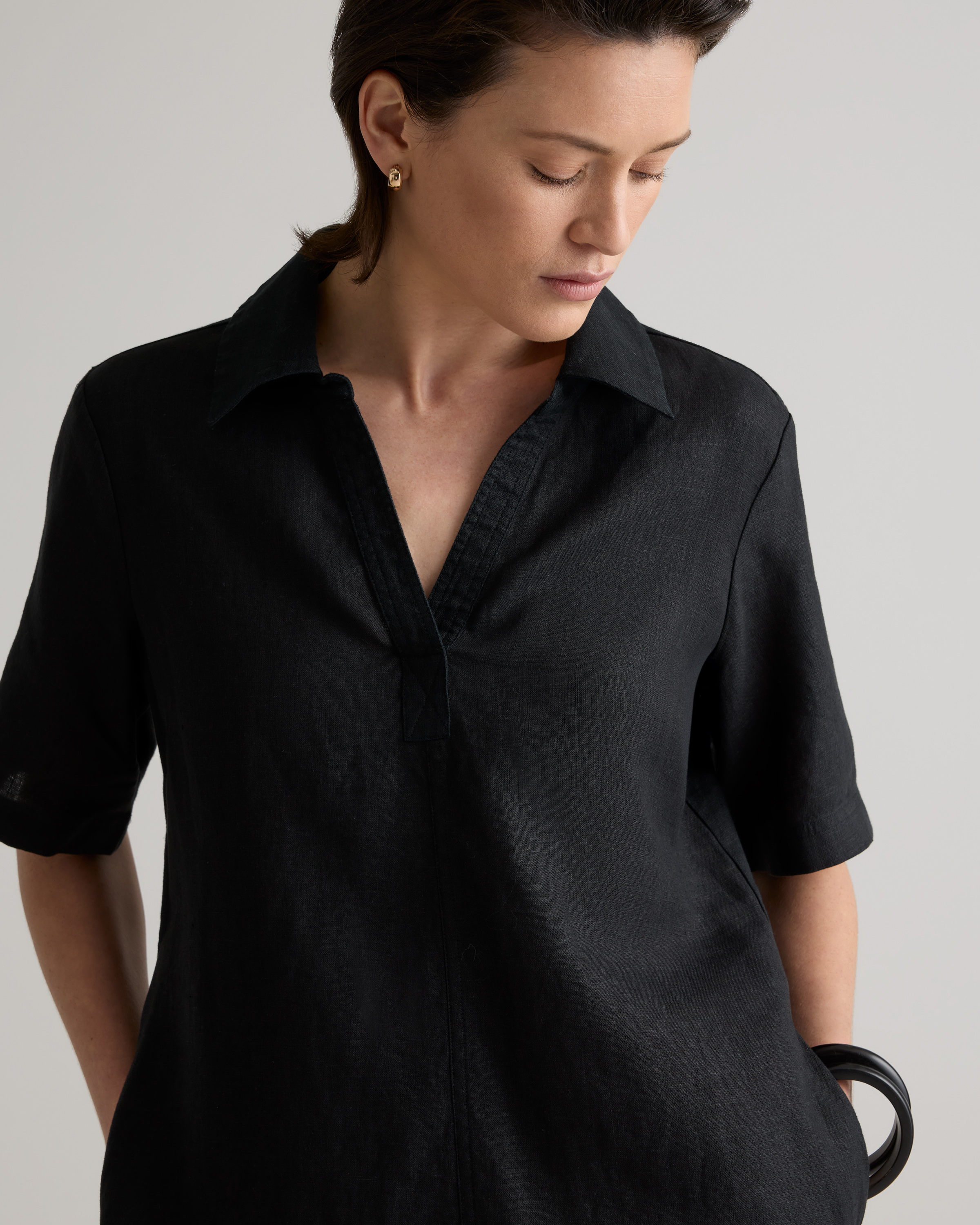 100% European Linen Popover Mini Dress in Black