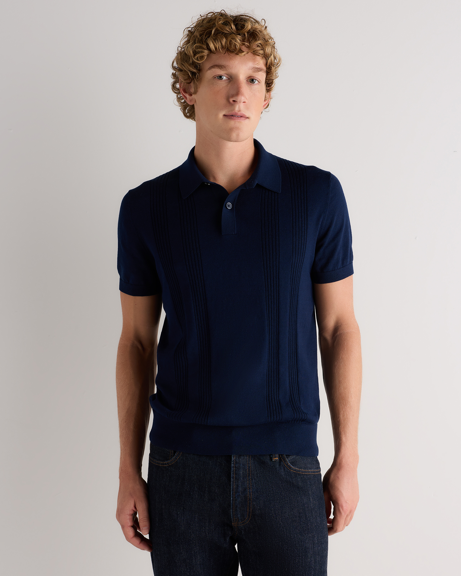 Navy Cotton-Silk Ribbed Short Sleeve Sweater Polo