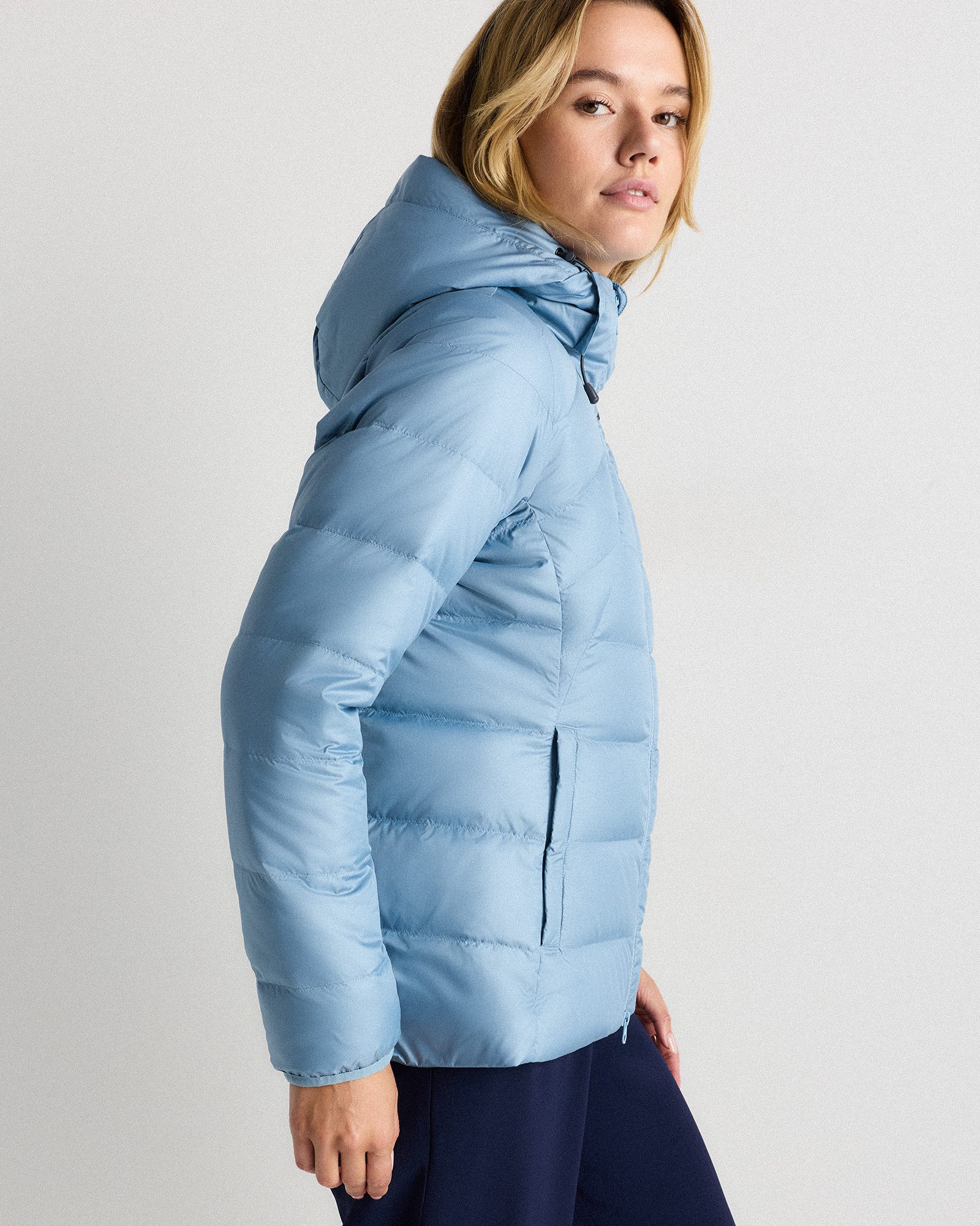 Lightweight Down Packable Puffer Hooded Jacket in Dewstone Blue