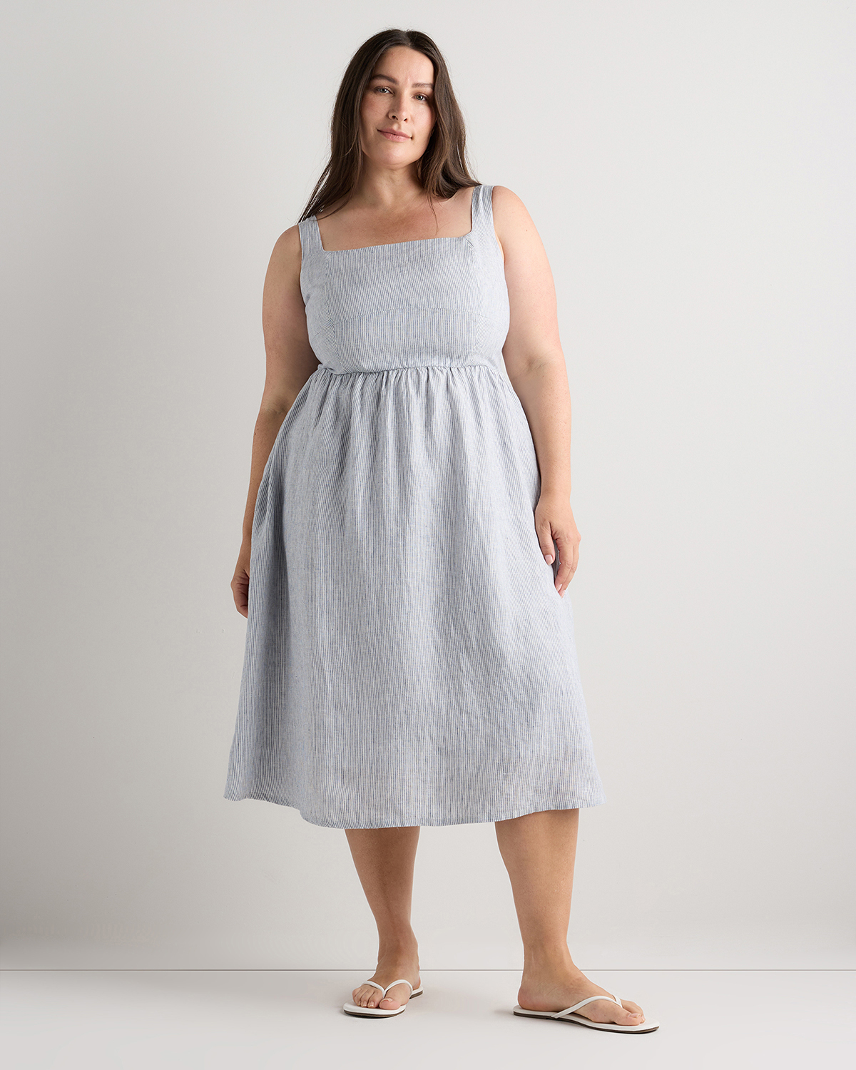 Blue Pinstripe 100% European Linen Fit & Flare Midi Dress