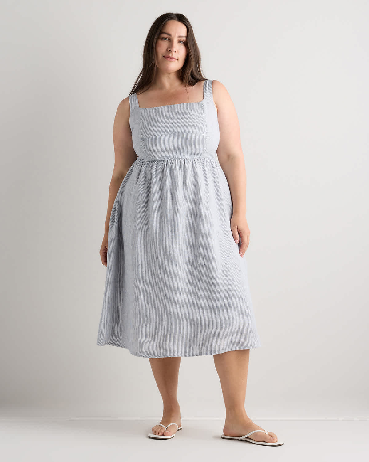 Women's 100% European Linen Fit & Flare Midi Dress in Blue Pinstripe, Size 1X by Quince Women's 100% European Linen Fit & Flare Midi Dress in Blue Pinstripe, Size 1X by Quince