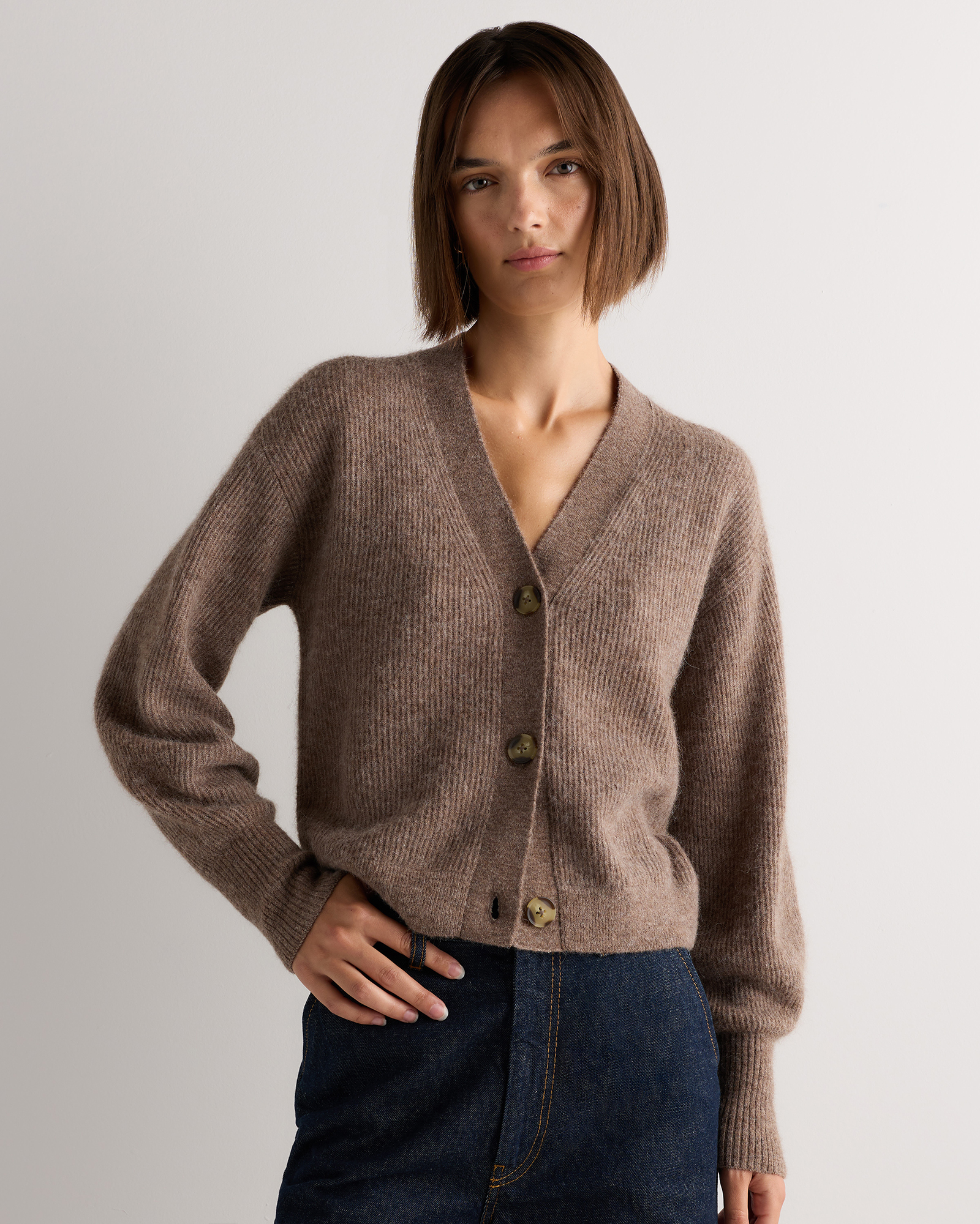 Mushroom Brown Lightweight Baby Alpaca Cropped V-Neck Cardigan