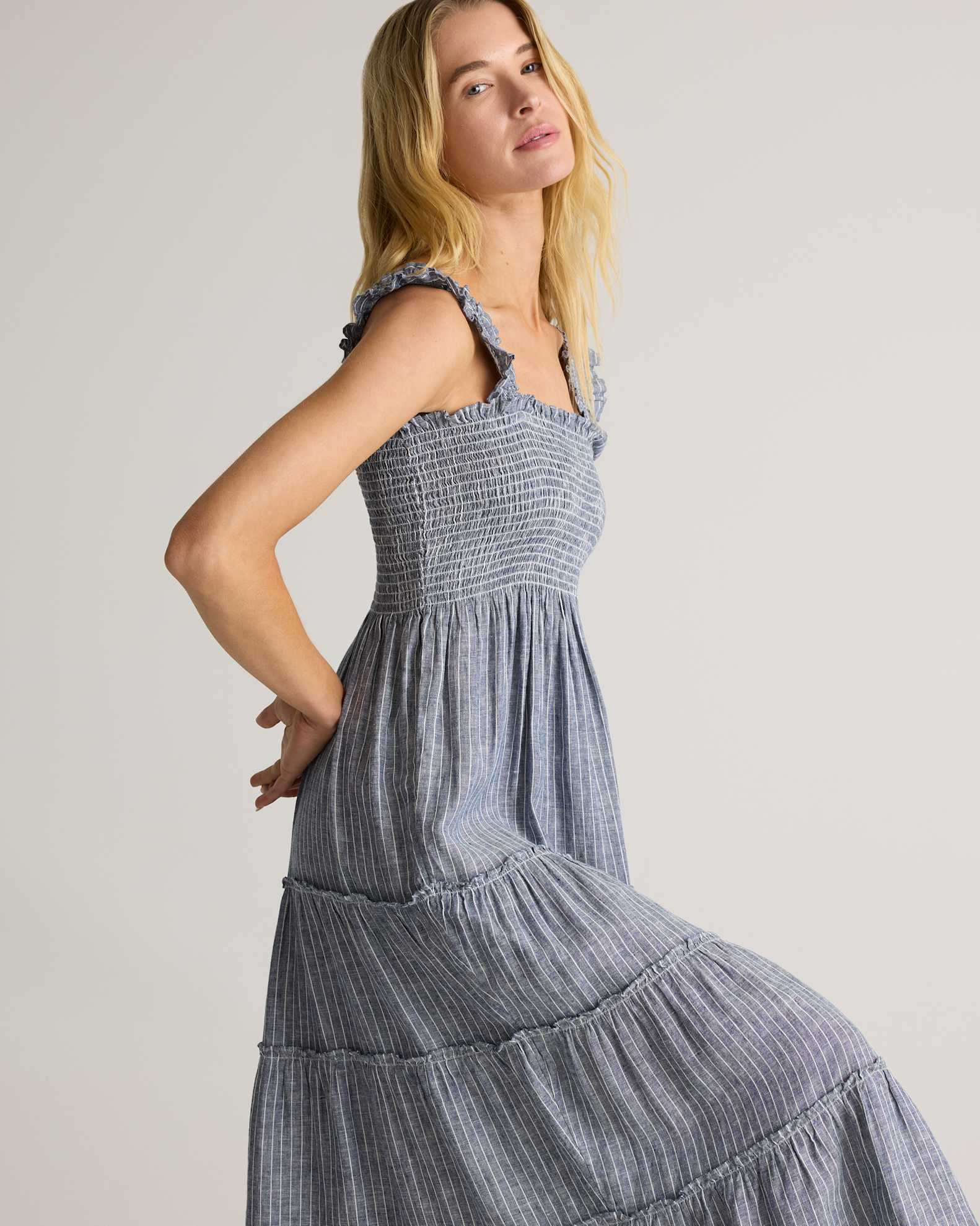 100% European Linen Smocked Midi Dress in Chambray Stripe 100% European Linen Smocked Midi Dress in Chambray Stripe