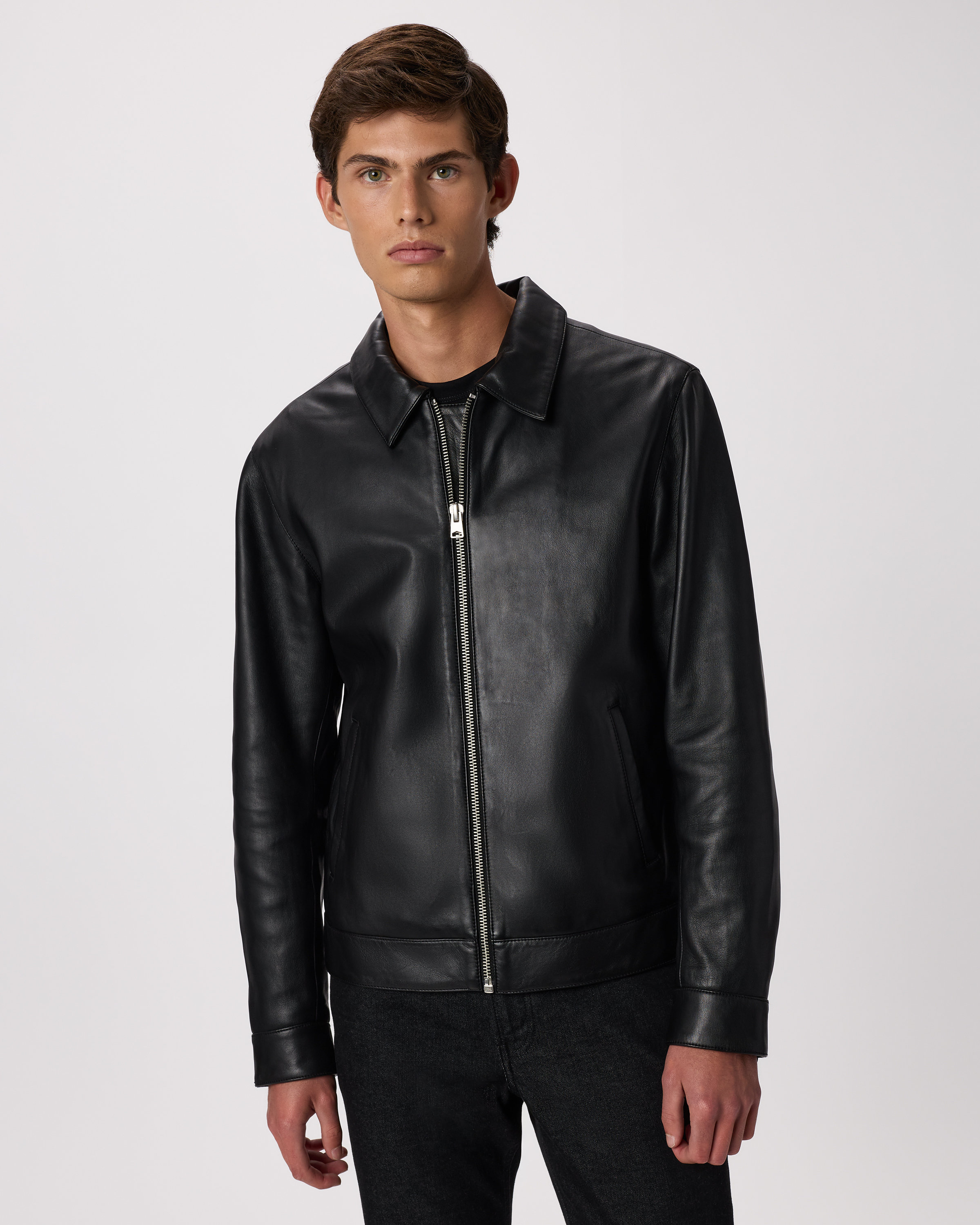 100% Leather Harrington Jacket in True Black
