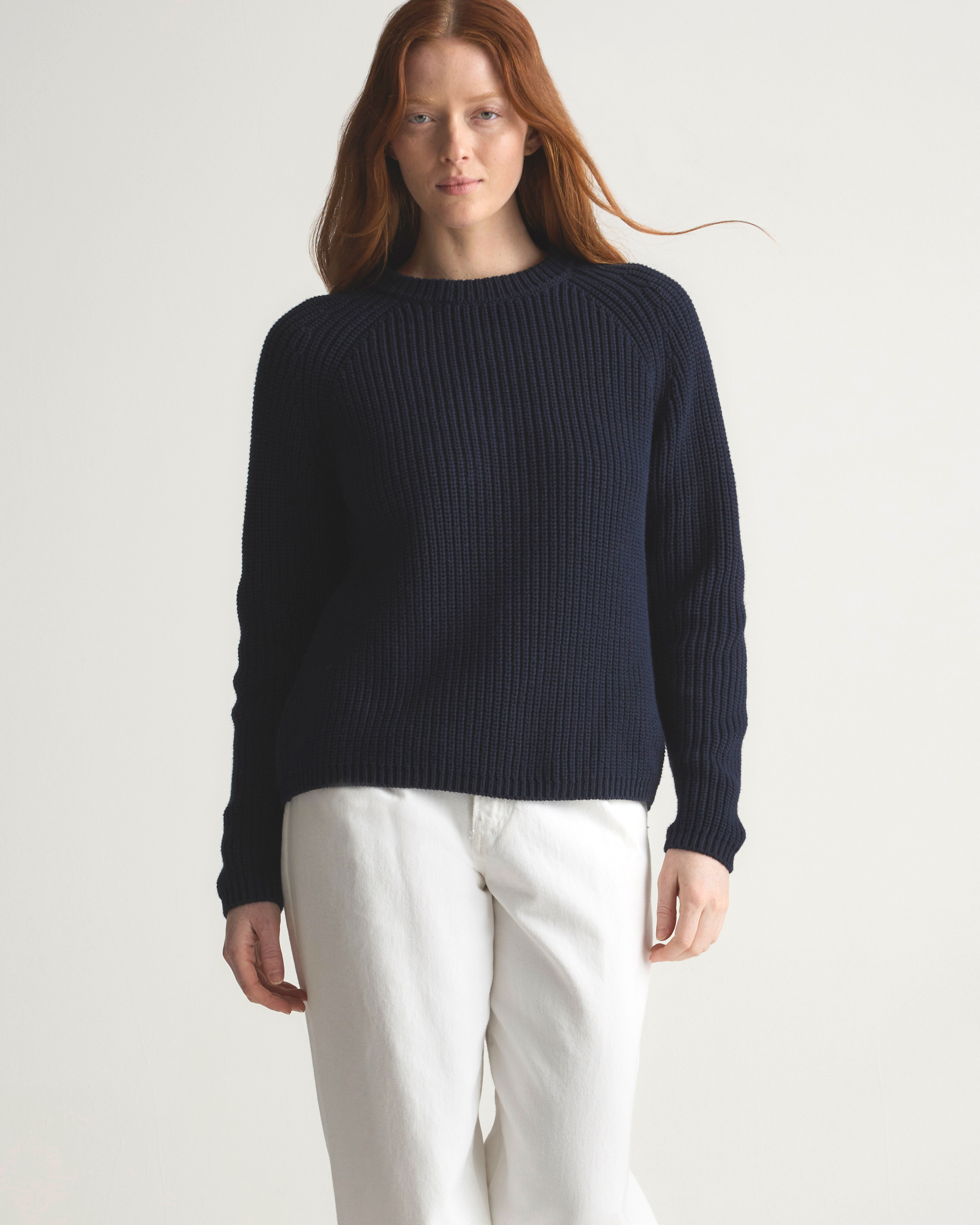 Navy Blue Womens Fishermans Jumper V Neck Loose Knit Sweater Navy