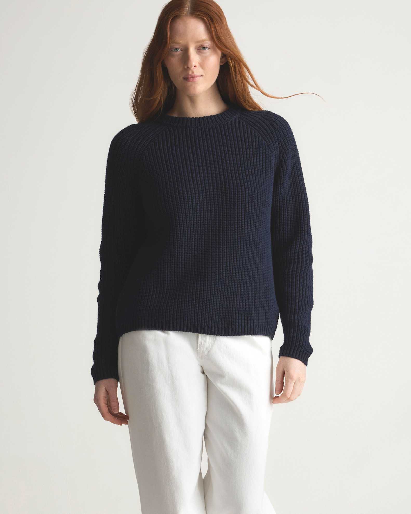 Navy Blue Womens Fishermans Jumper V Neck Loose Knit Sweater Navy