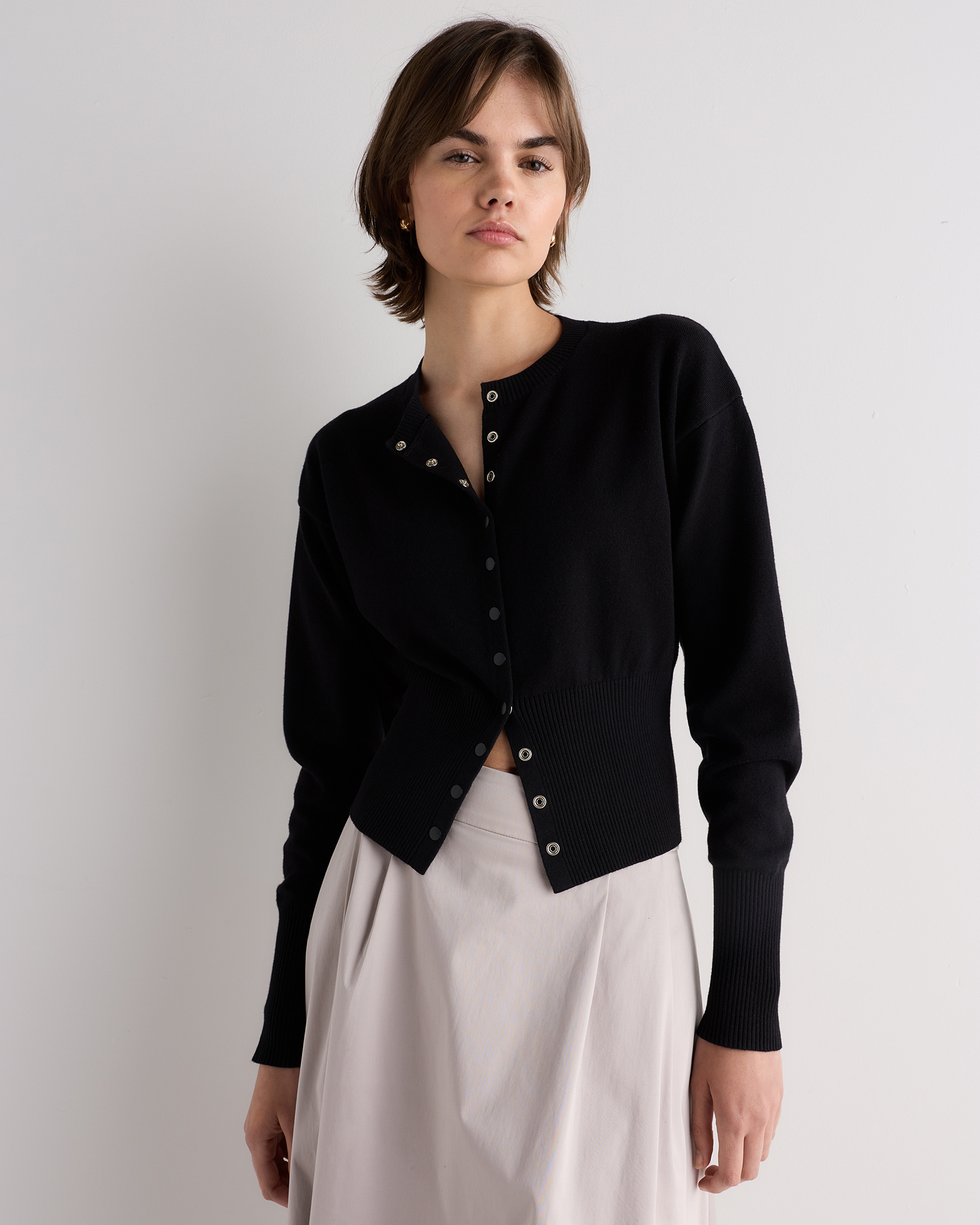 Black Cotton Cashmere Structured Waist Cardigan