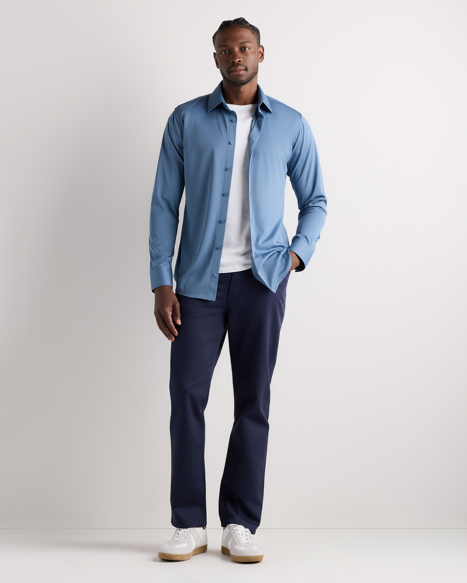 Commuter Stretch Pique Long Sleeve Button Down in Aegean Blue