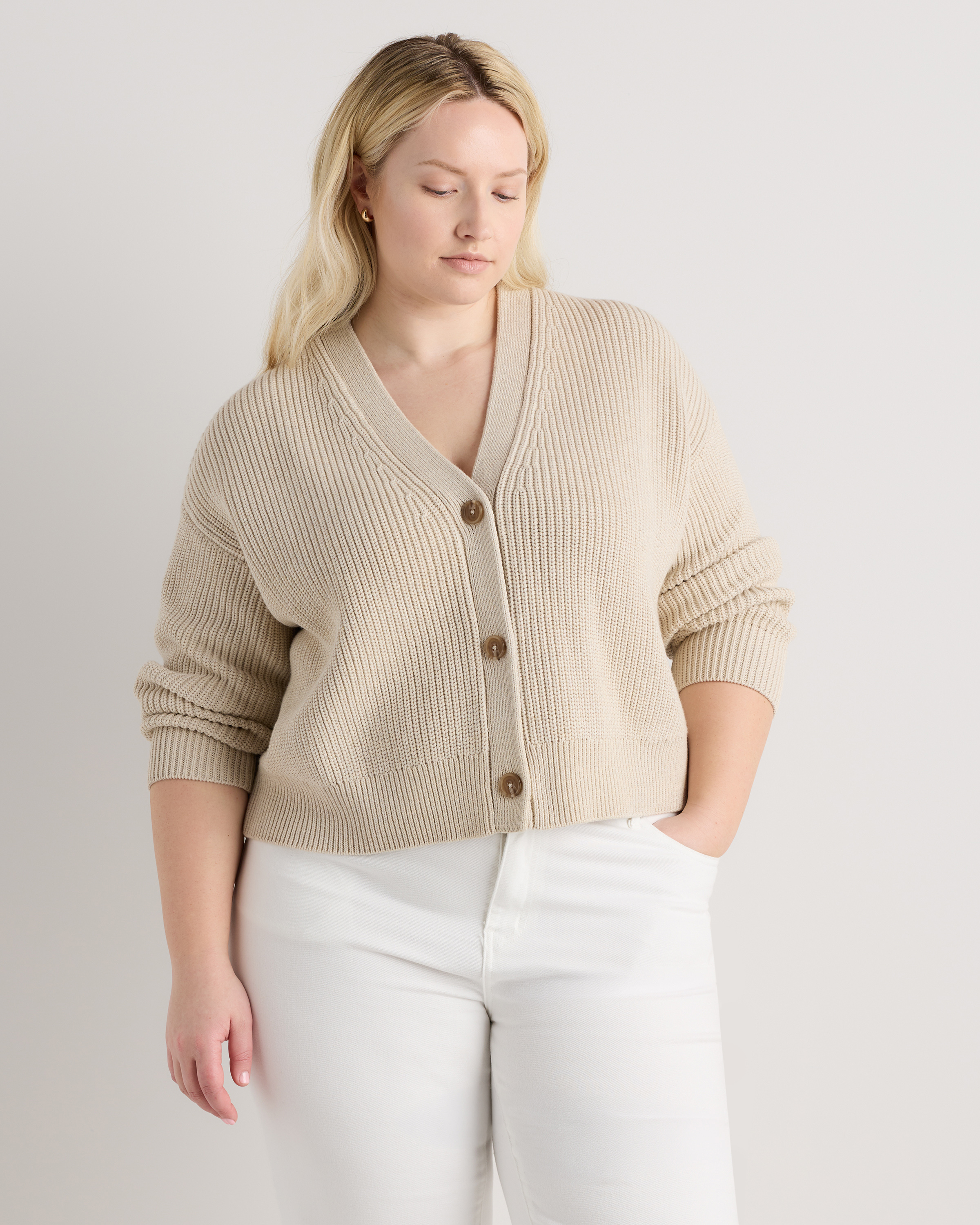 Speckled Beige 100% Organic Cotton Fisherman Boxy Cropped Cardigan