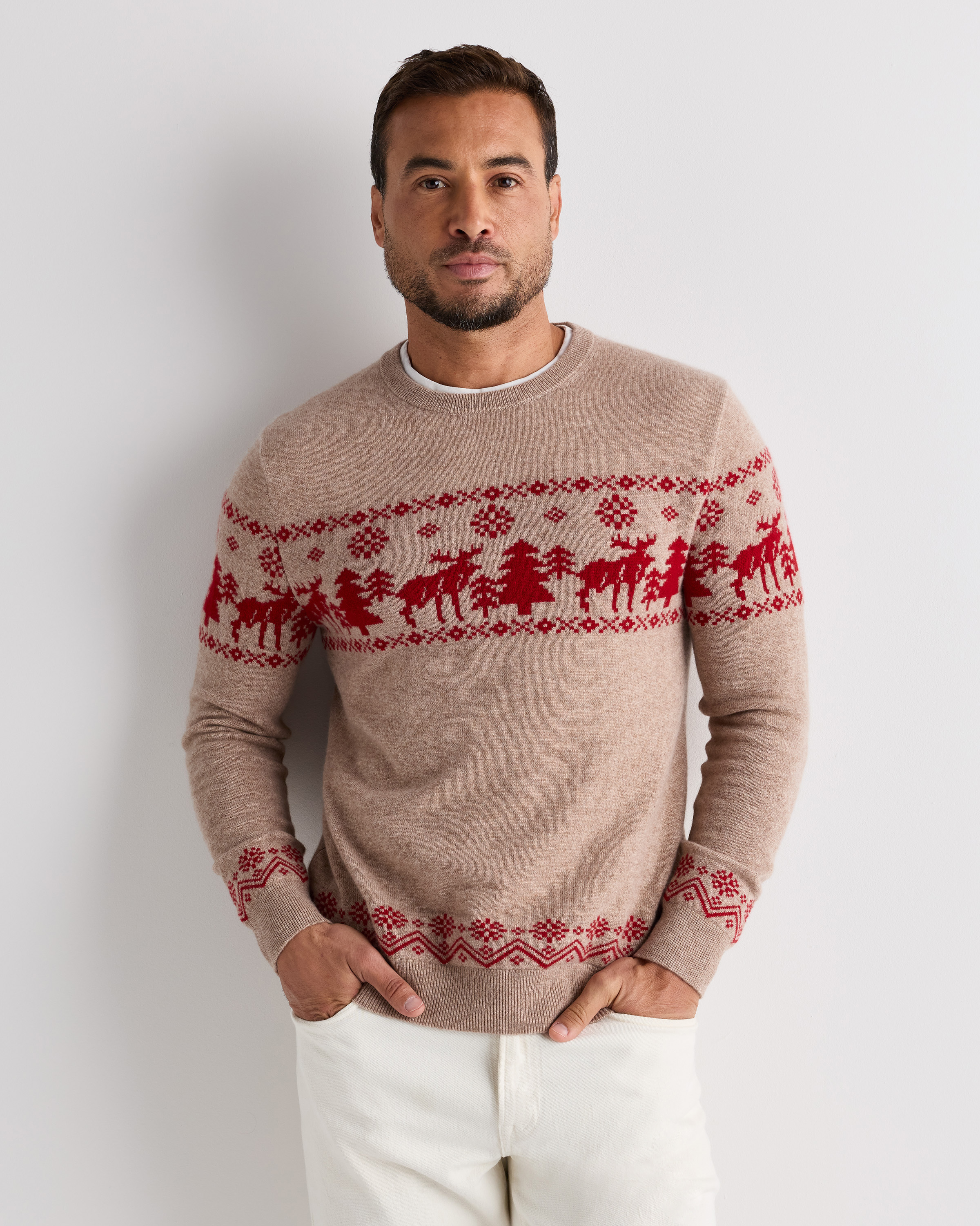 Oatmeal/Varsity Red Mongolian Cashmere Fair Isle Christmas Sweater