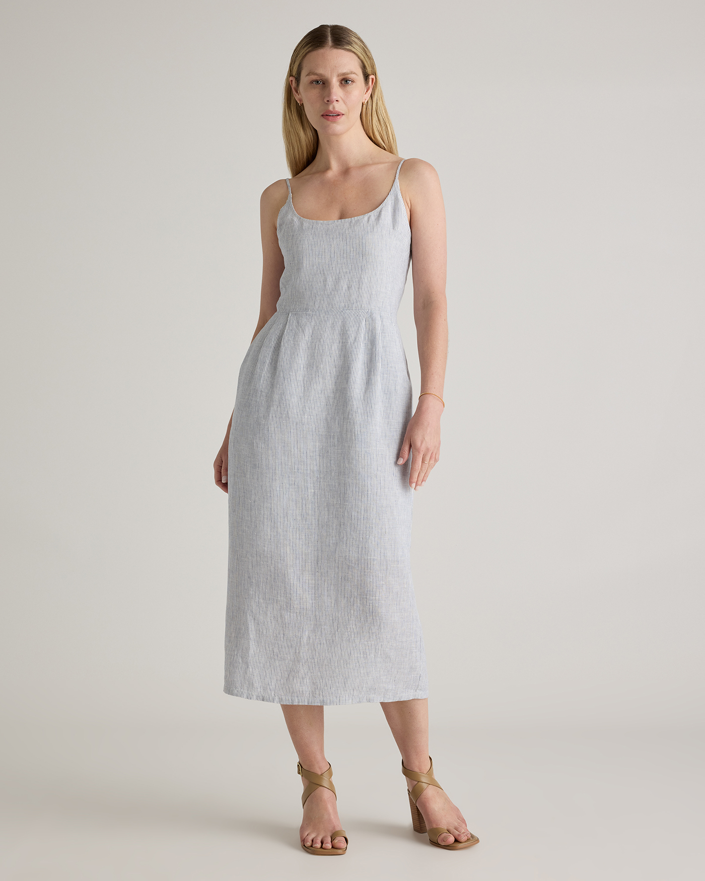 Blue Pinstripe 100% European Linen Scoop Neck Midi Dress