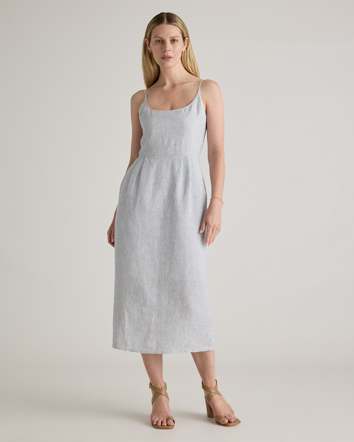 100% European Linen Scoop Neck Midi Dress in Blue Pinstripe