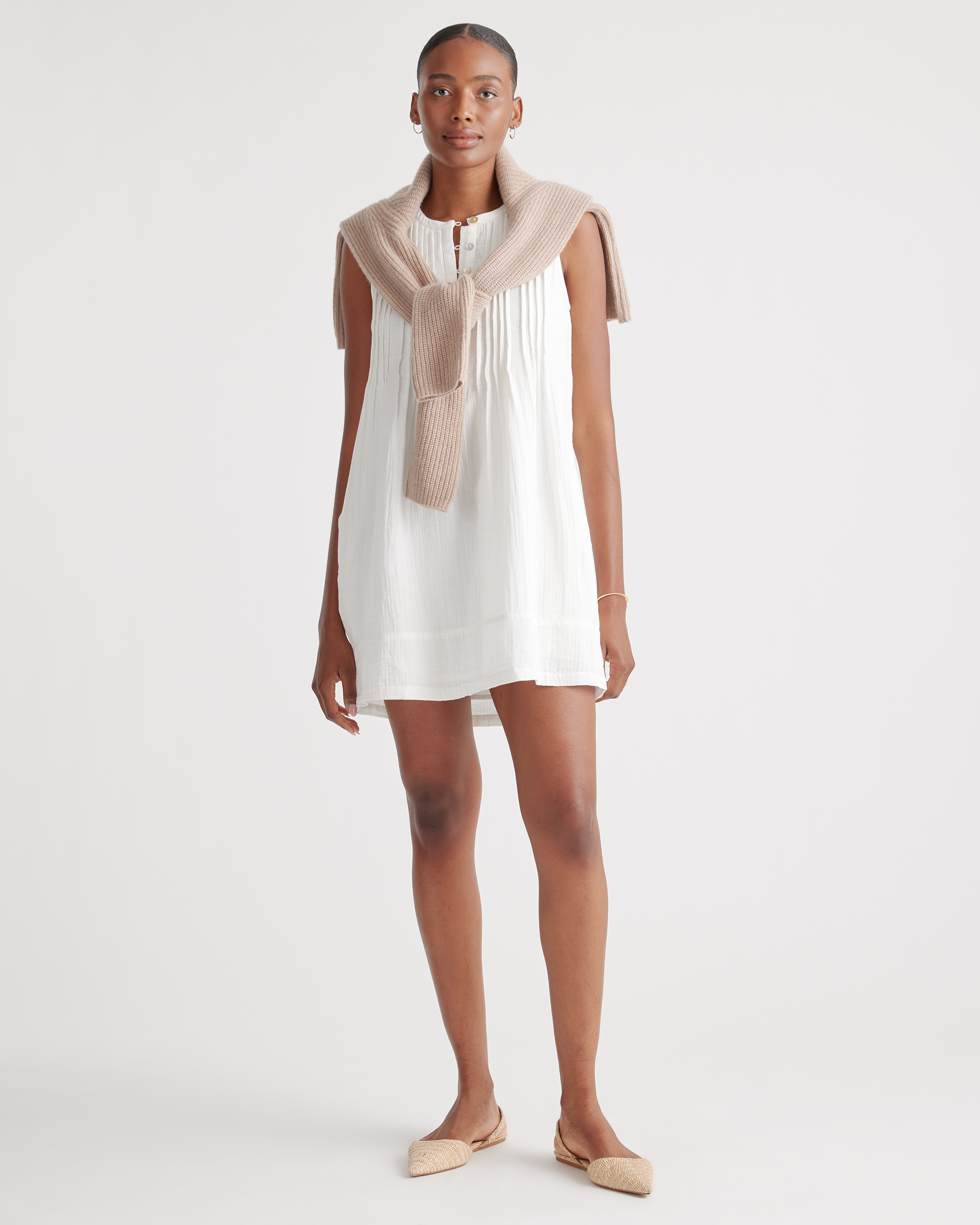 100% Organic Cotton Gauze Sleeveless Swing Dress in White