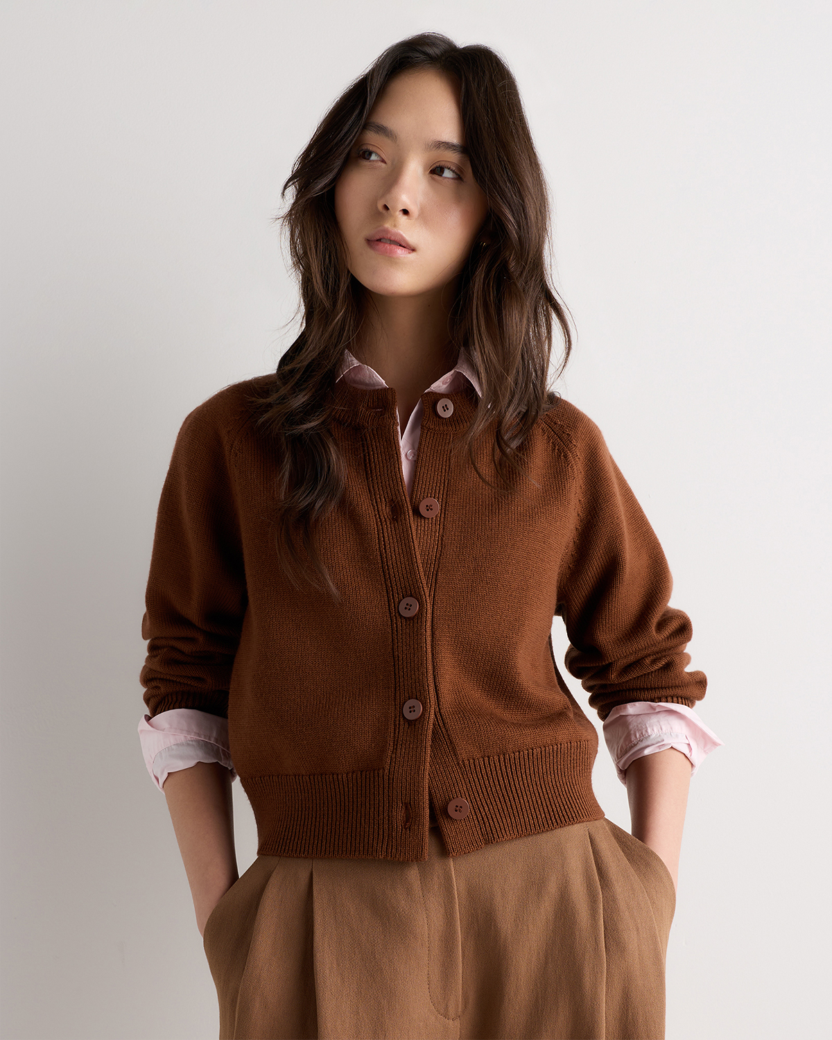 Tobacco Brown Australian Merino Wool Raglan Crewneck Cardigan