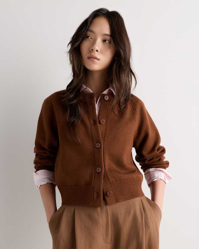 Tobacco Brown Australian Merino Wool Raglan Crewneck Cardigan