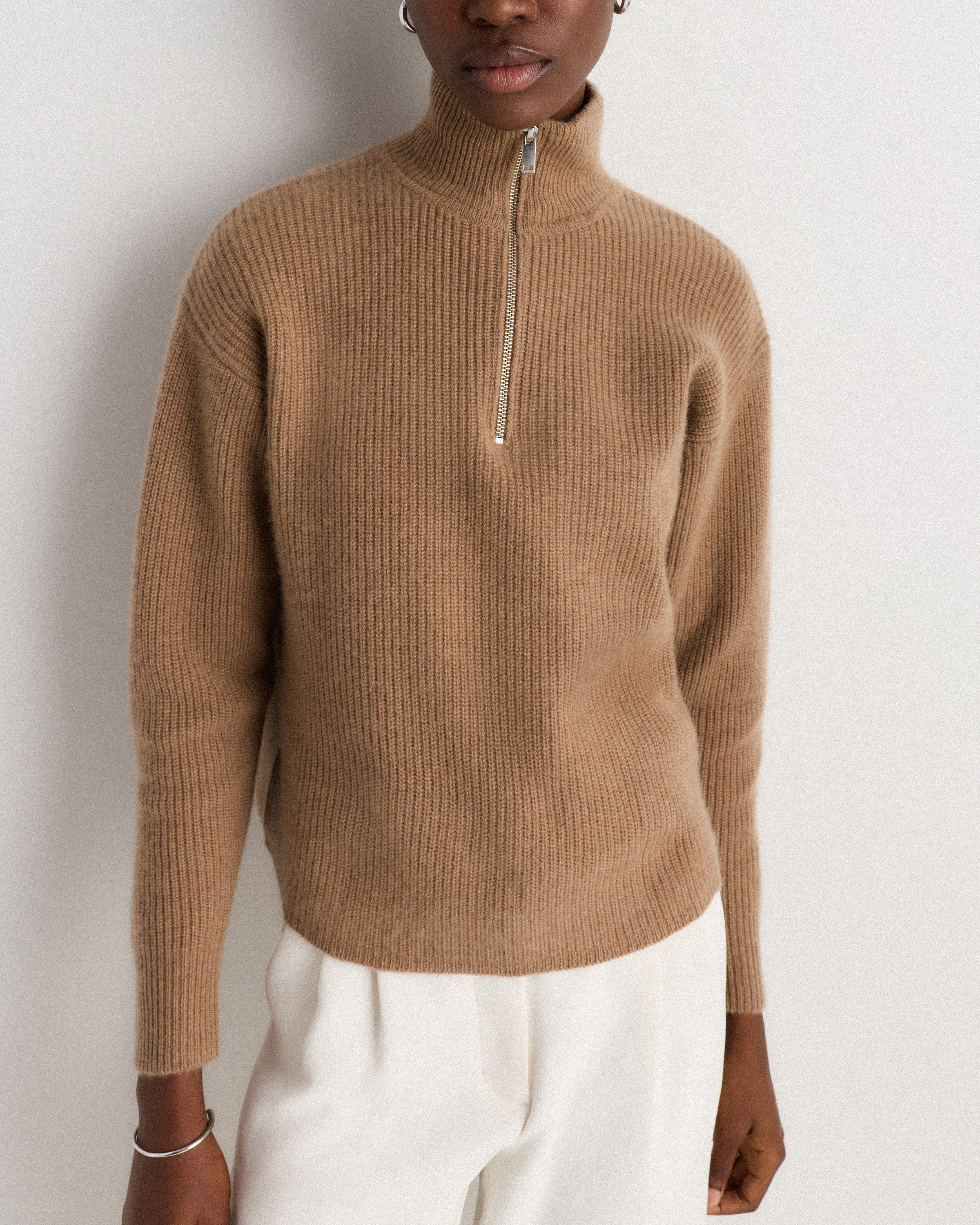 Mongolian Cashmere Fisherman Quarter Zip Sweater in Teak