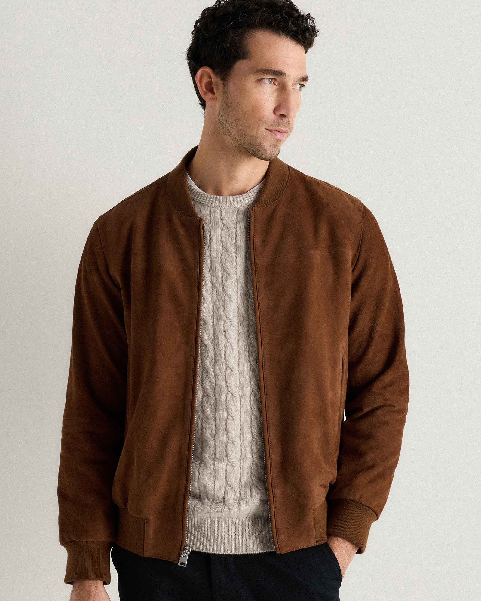 Dark Chestnut Brown 100% Suede Bomber Jacket