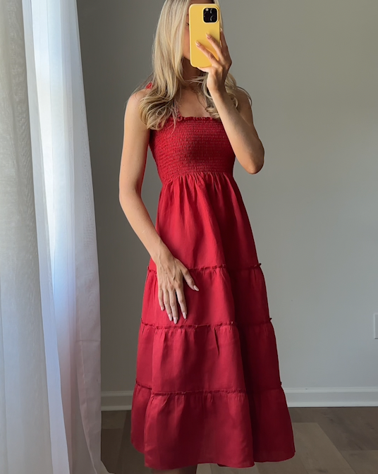100% European Linen Smocked Midi Dress - PDP Video Thumbnail (Chile, 4x5)