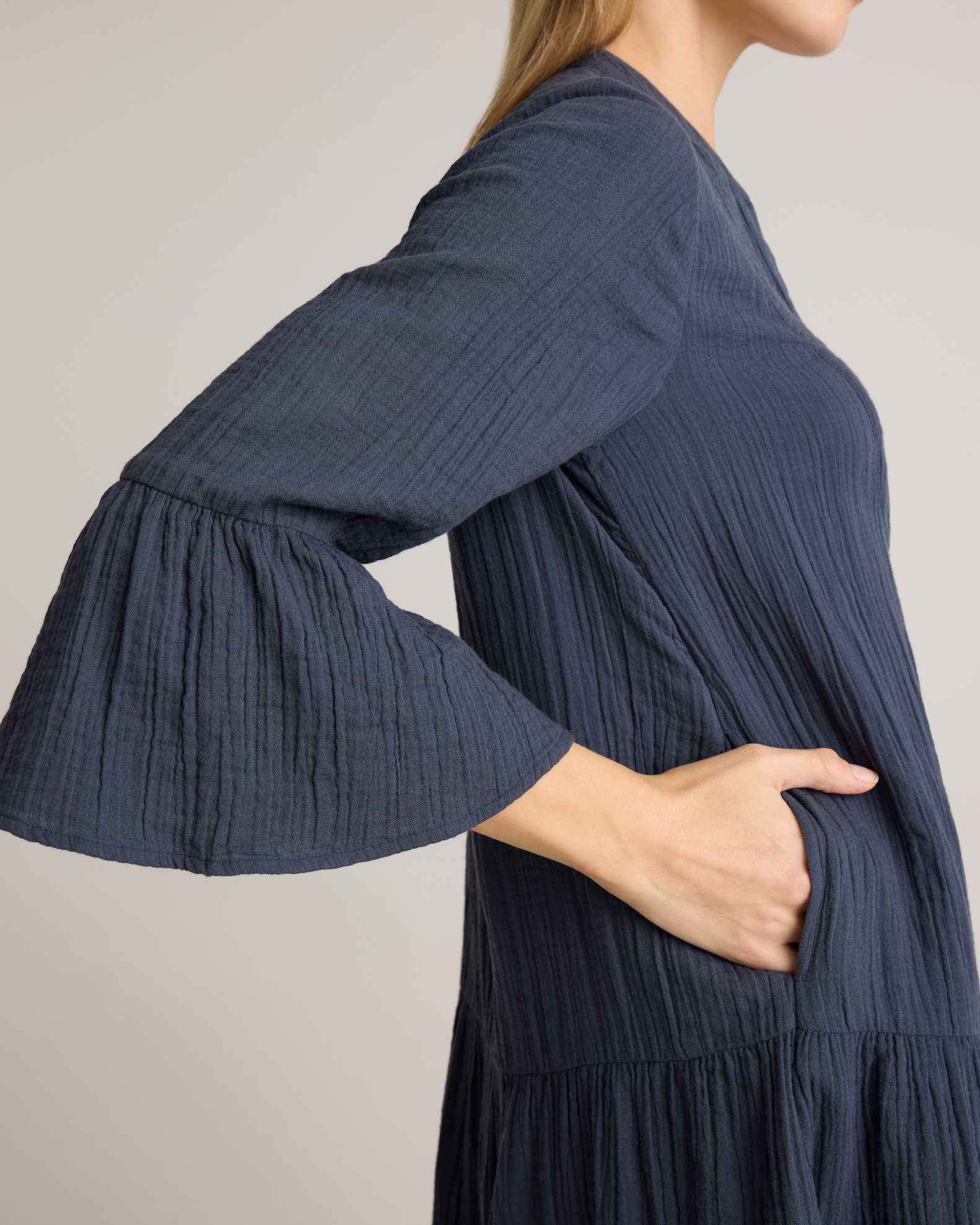 100% Organic Cotton Gauze Long Sleeve Tiered Mini Dress in Indigo Blue 100% Organic Cotton Gauze Long Sleeve Tiered Mini Dress in Indigo Blue