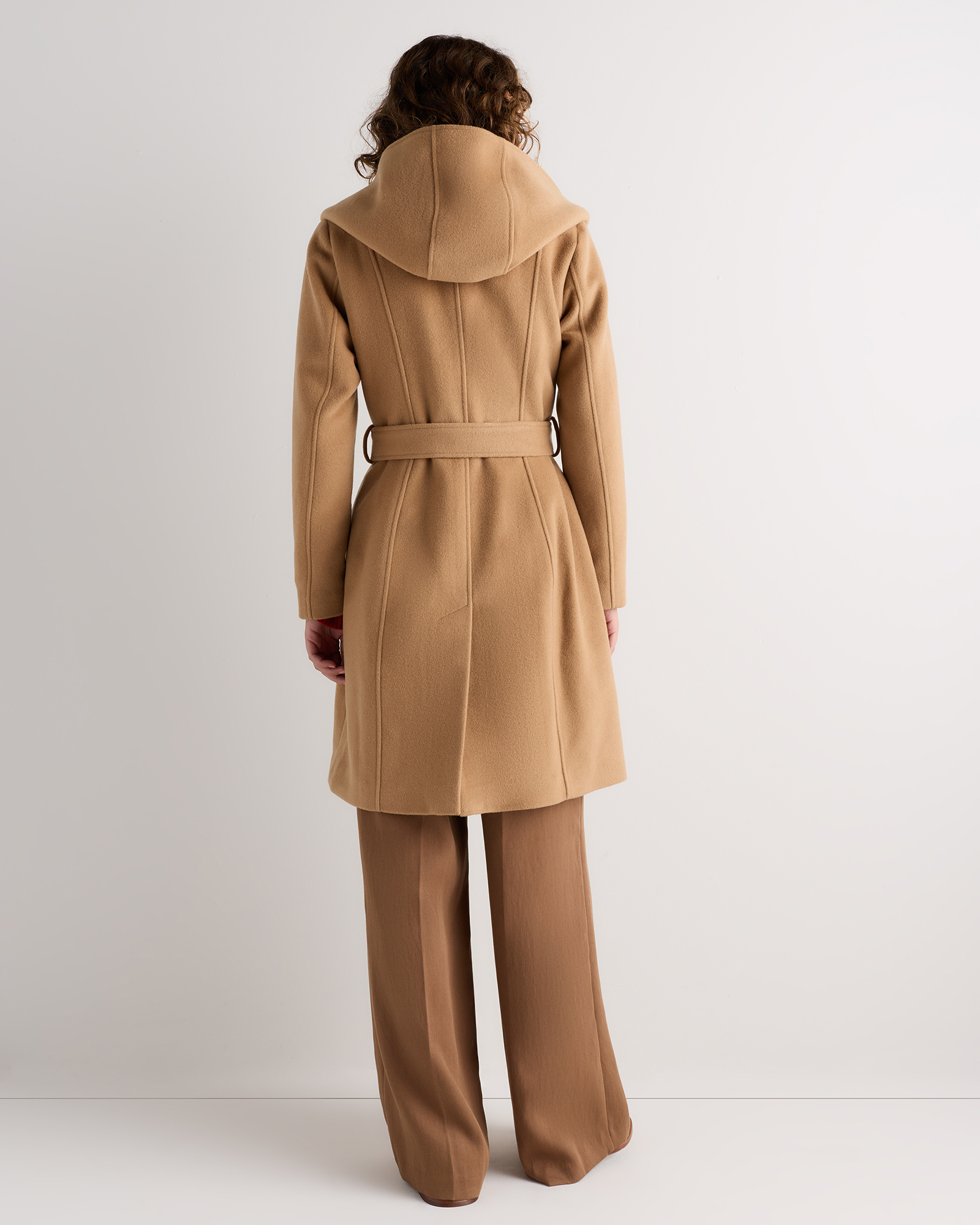 Wool Cashmere Hooded Wrap Coat with Removable Down Bib in Caramel