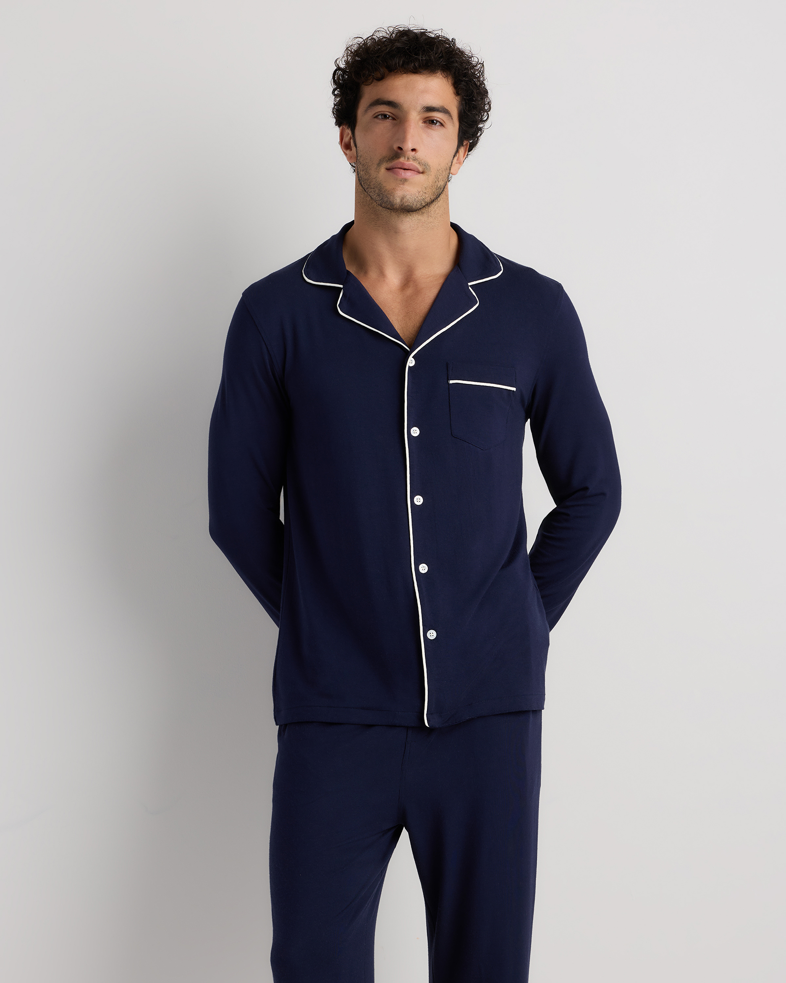 Deep Navy Bamboo Jersey Long Sleeve Pajama Set