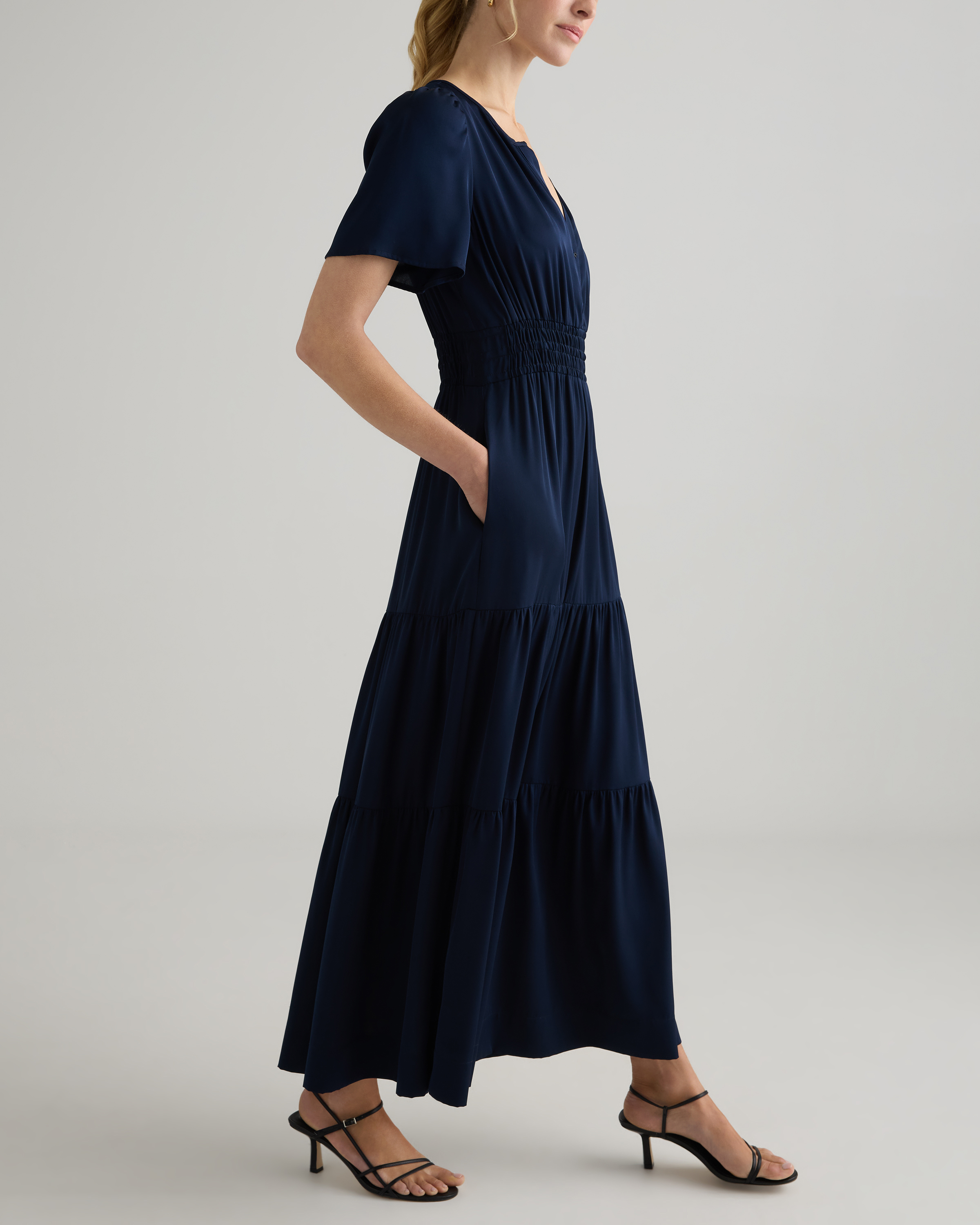 Washable Stretch Silk High Neck Midi Dress