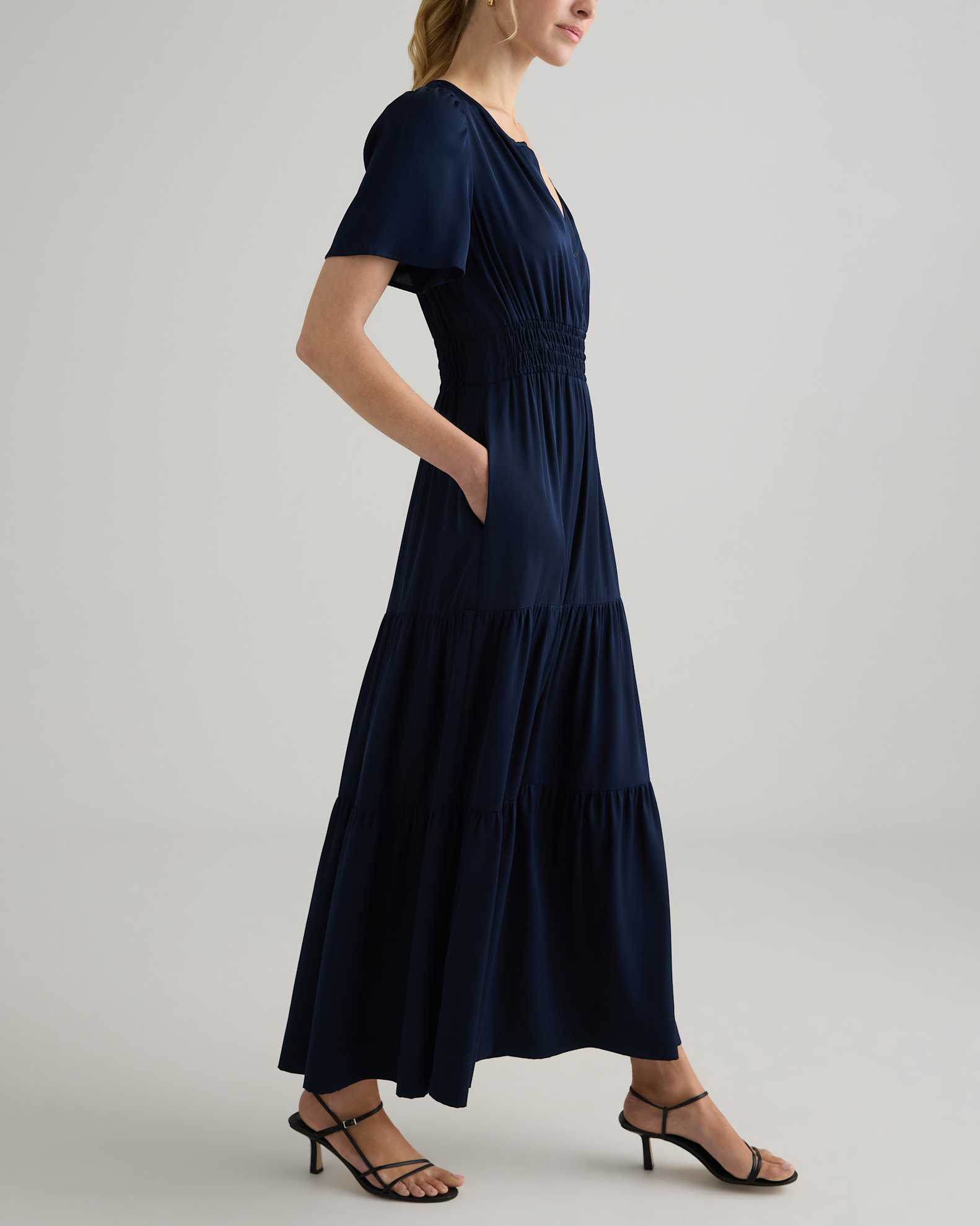 Washable Stretch Silk High Neck Midi Dress