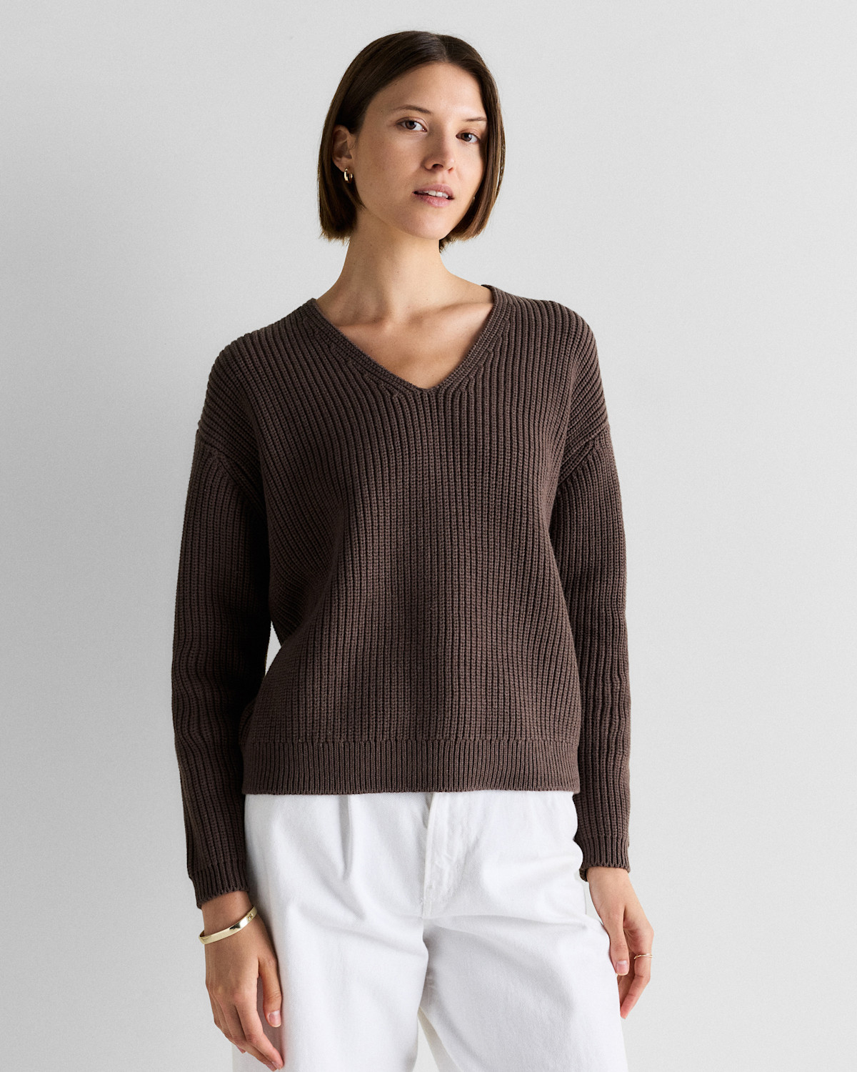 Quince 100% Organic Cotton Fisherman V-Neck Sweater in Heather Brown