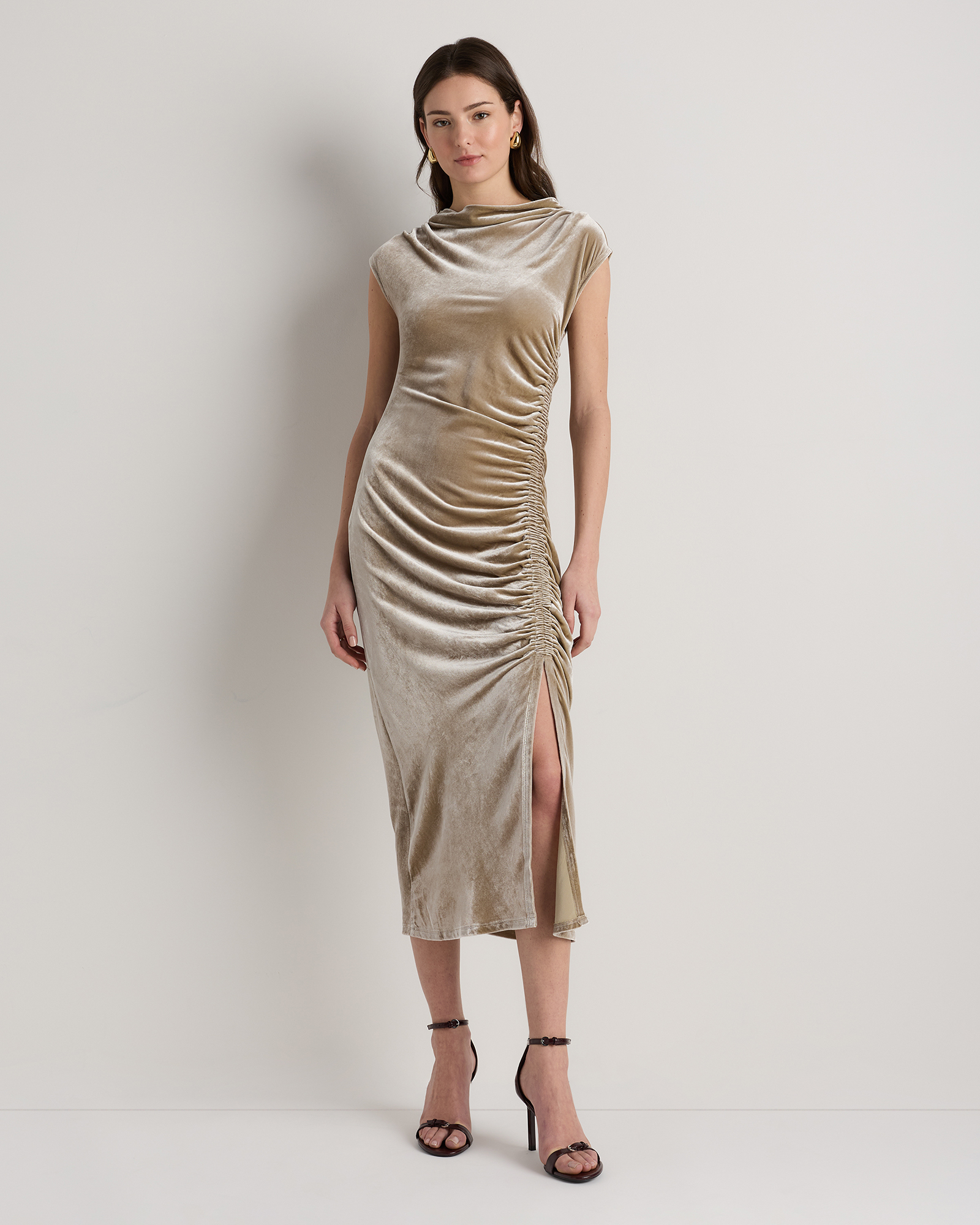 Dogwood Stretch Silk Velvet Ruched Midi Dress