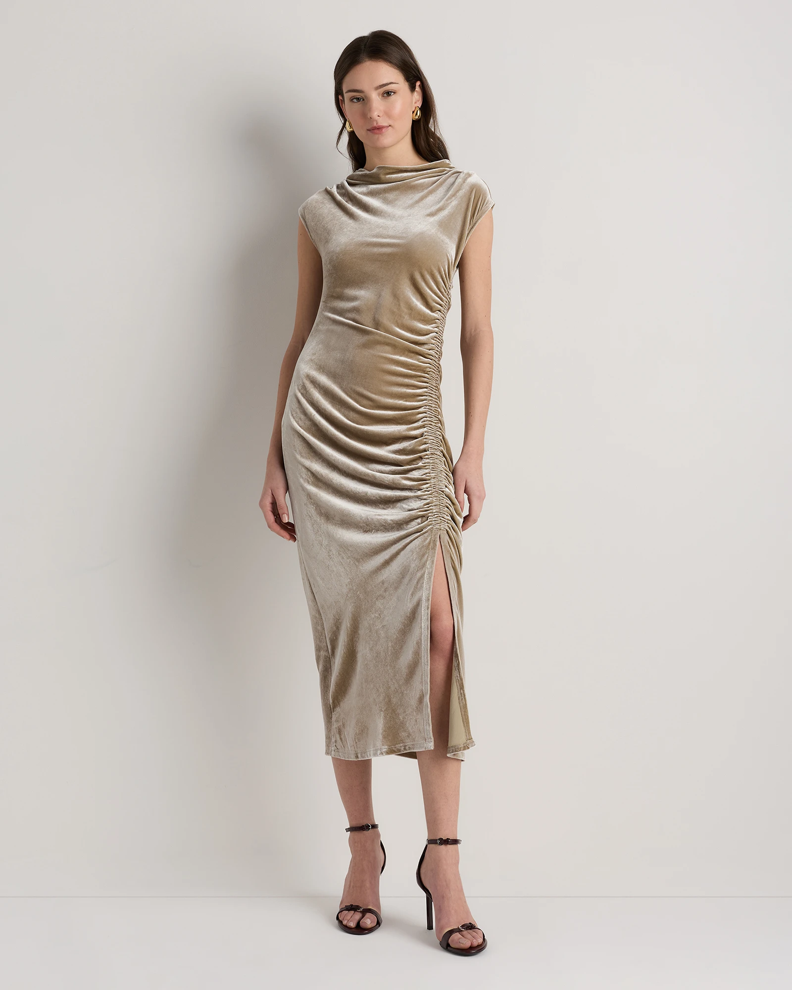 Stretch Silk Velvet Ruched Midi Dress