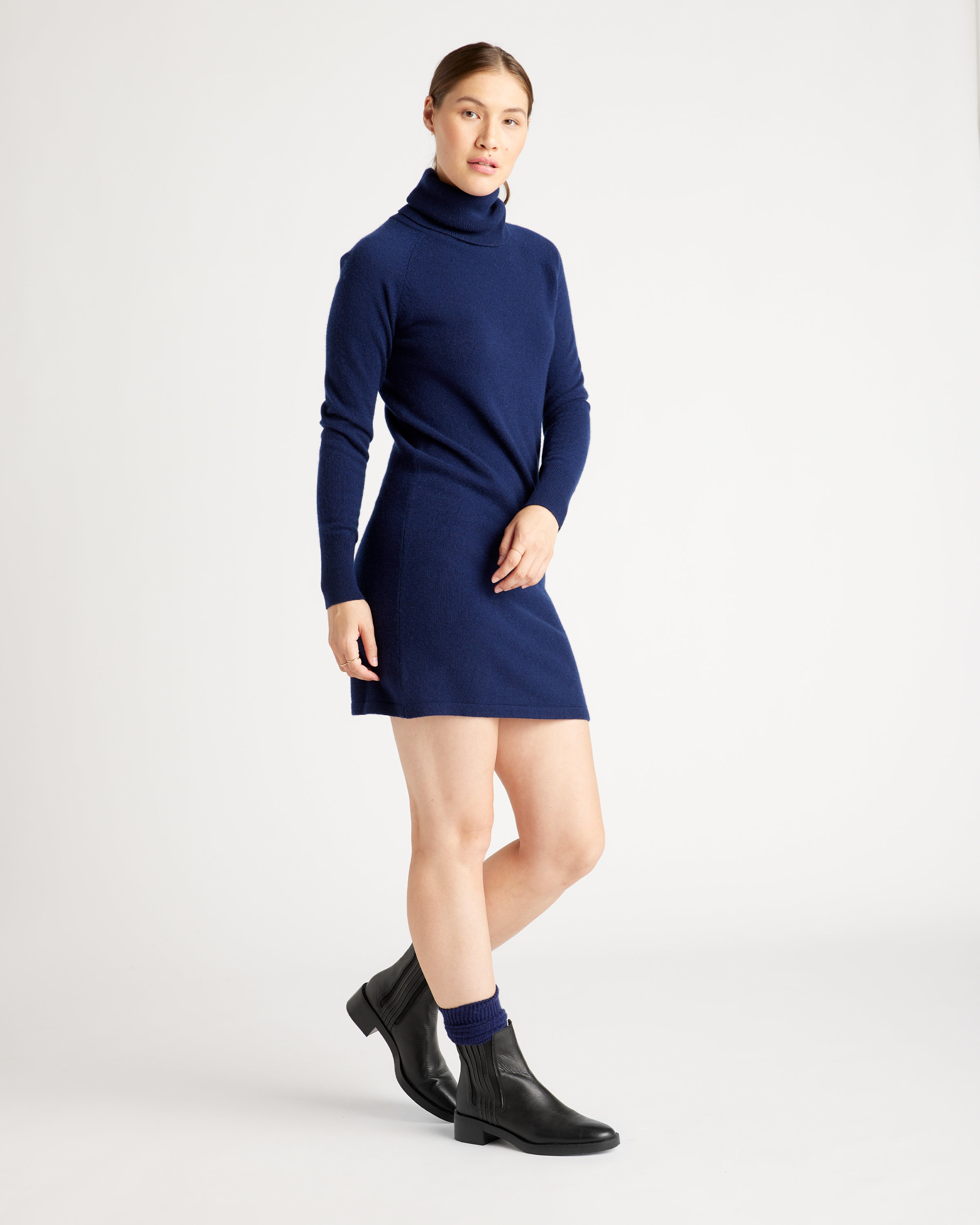 blue turtleneck dress Ramy Brook Linda Wool Blend Sweater Midi Dress in Navy