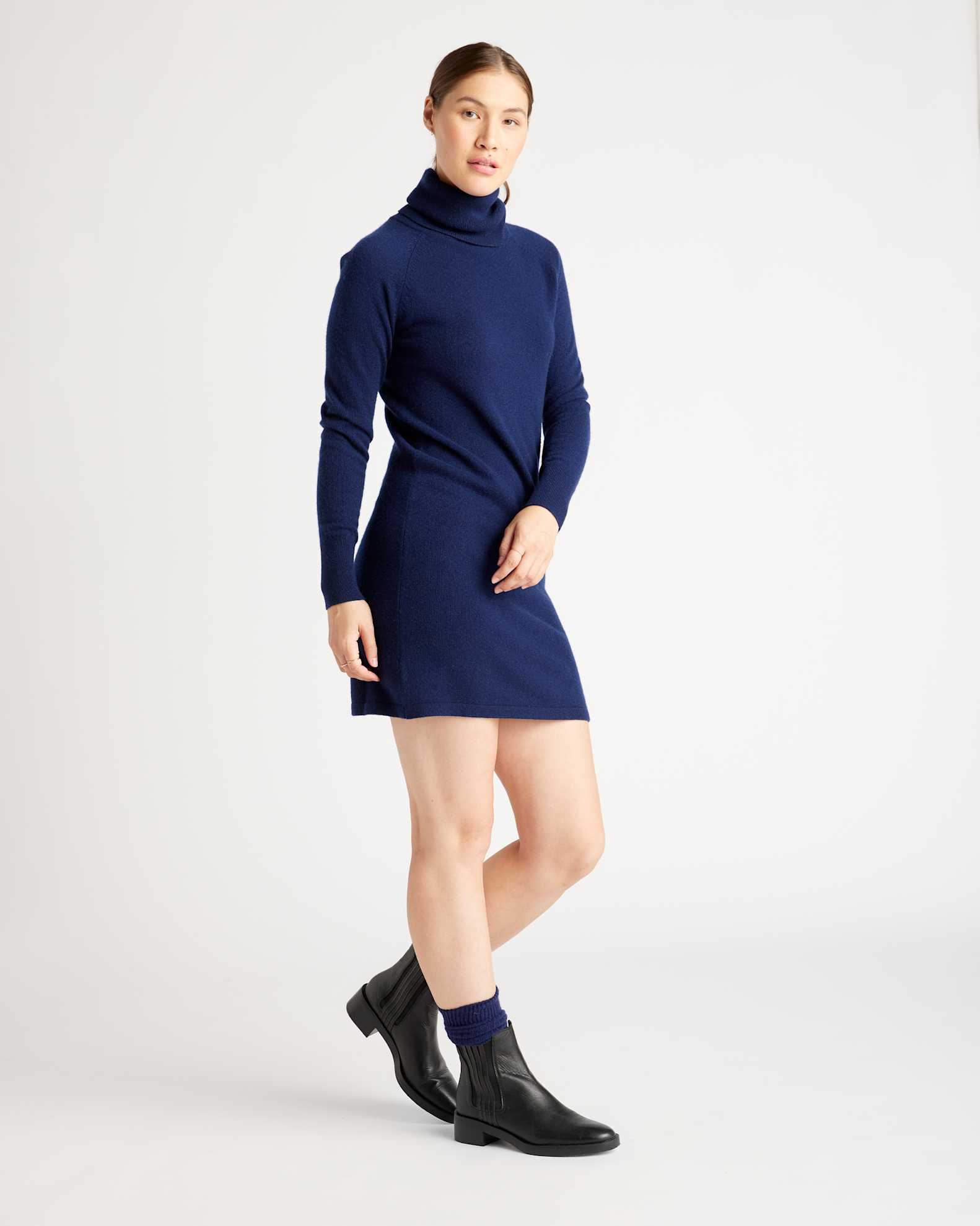 navy blue turtleneck sweater dress Crystal Embellished Turtleneck Sweater Dress - Navy