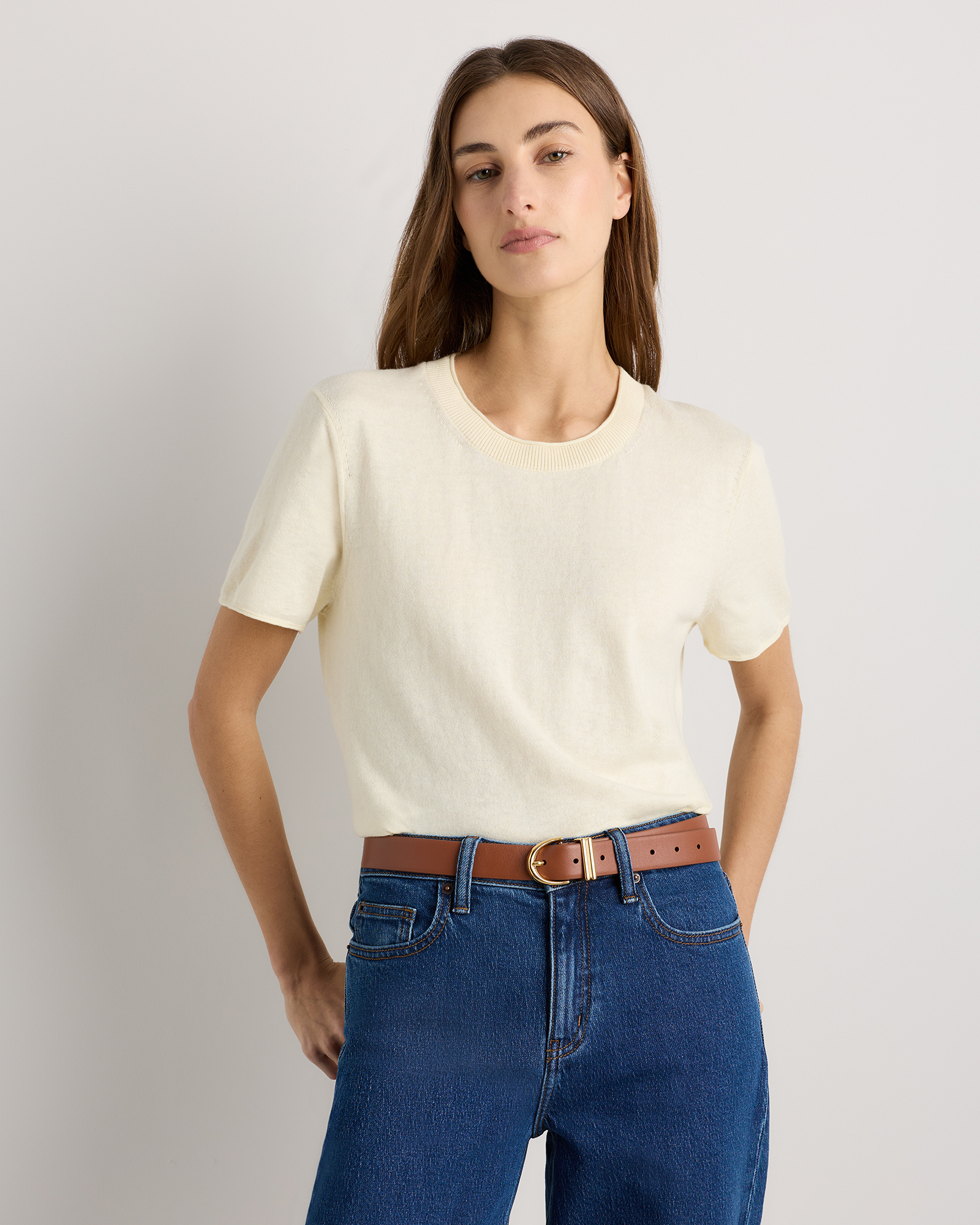 Pale Custard Yellow Lightweight Cotton Cashmere Relaxed Sweater Tee