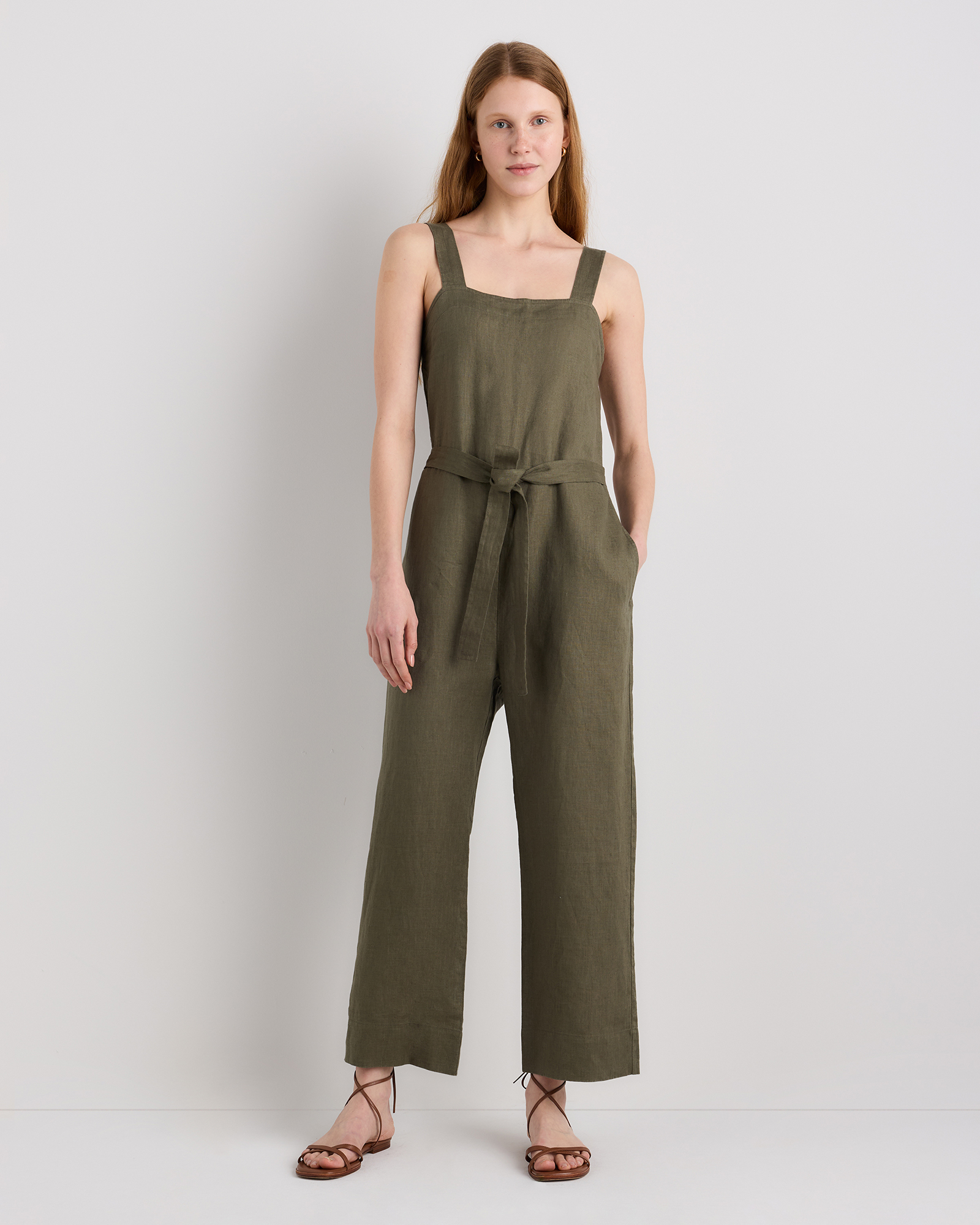 Bayberry Olive 100% European Linen Square Neck Jumpsuit