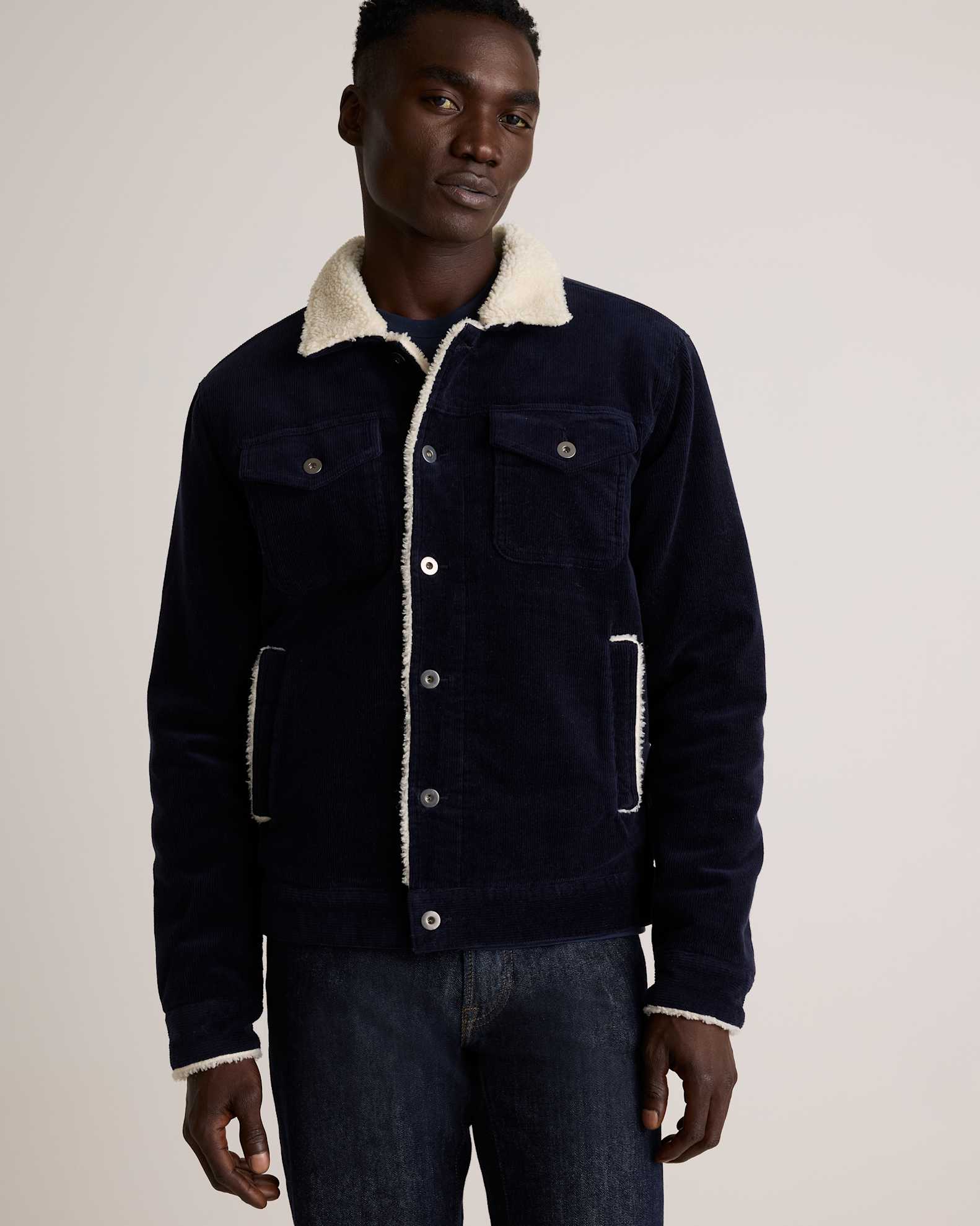 Organic Stretch Corduroy Sherpa-Lined Trucker Jacket in Deep Navy